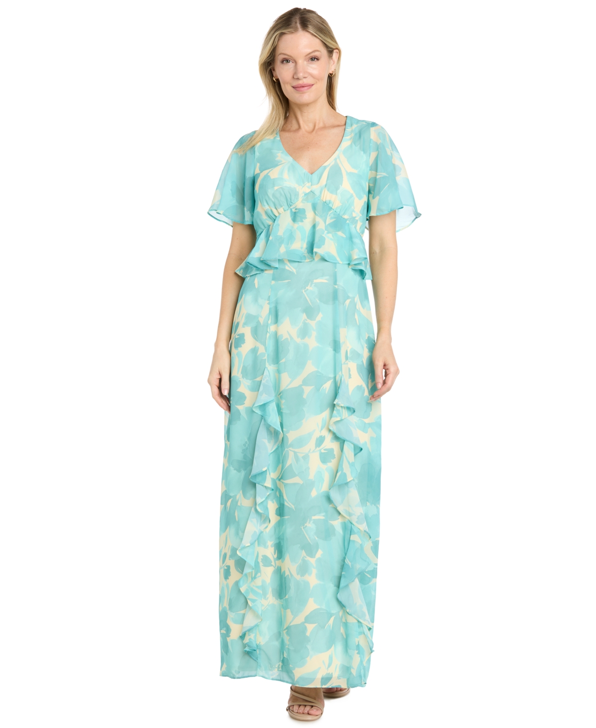 R & M Richards Women’s V-Neck Printed Sleeve Dress – Ivory/Aqua