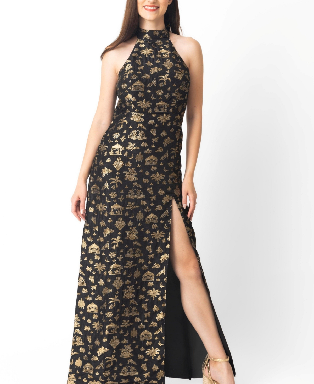 Raas Women’s Black and Gold Long Dress with Slit – Black Raas Women’s Black and Gold Long Dress with Slit – Black