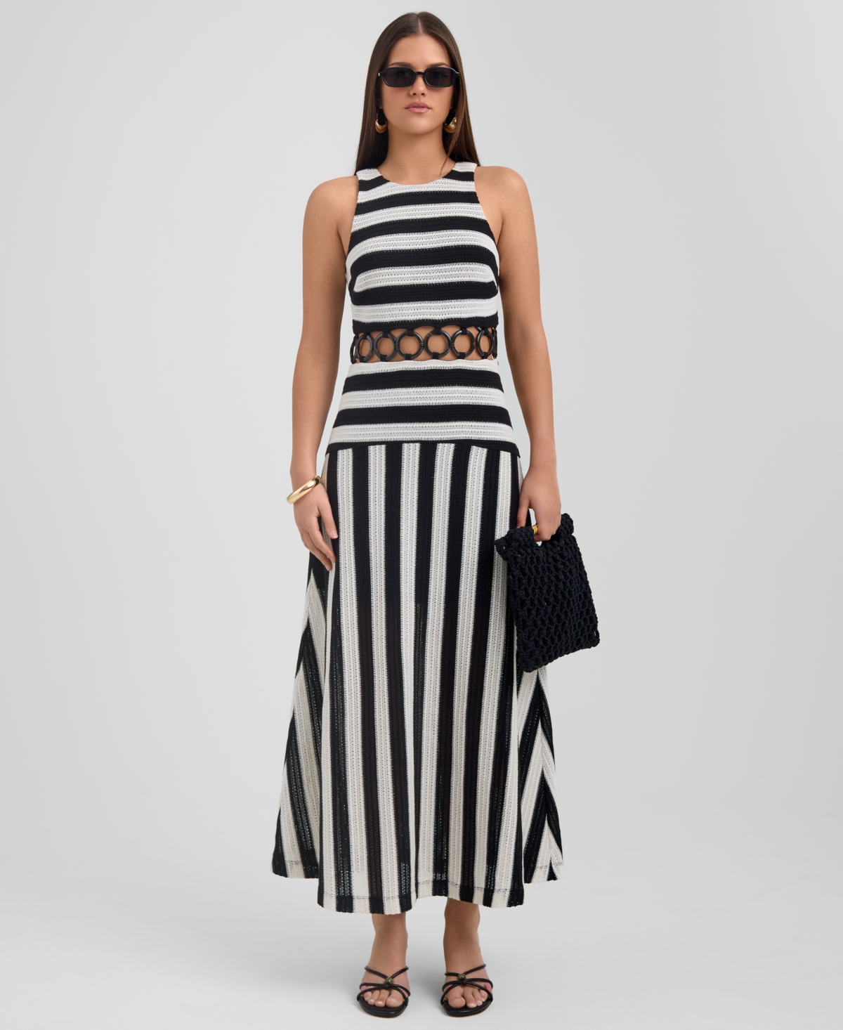 Rachel Rachel Roy Women’s Halter Neck Midi Dress – Black White Stripe