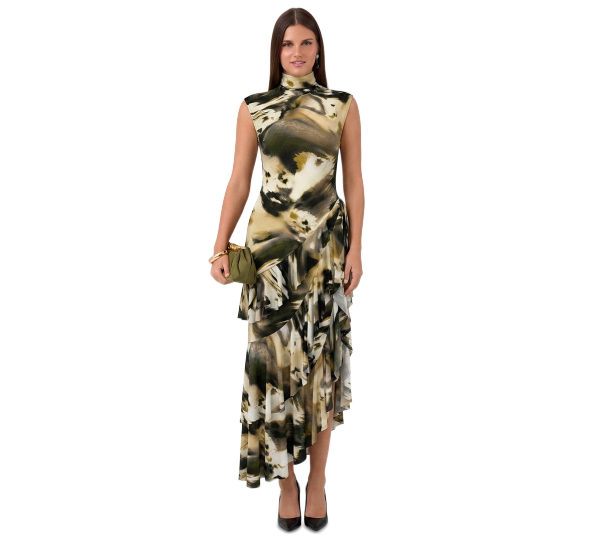Rachel Rachel Roy Women’s Mock-Neck Asymmetrical-Ruffle Midi Dress – Ecru Olive Marble Rachel Rachel Roy Women’s Mock-Neck Asymmetrical-Ruffle Midi Dress – Ecru Olive Marble