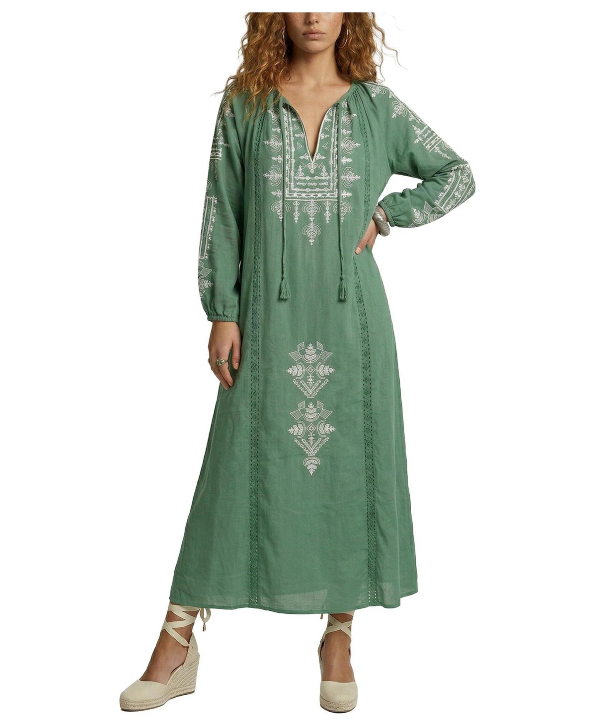 Raffya Women’s Aurelia Kaftan Style Embroidered Maxi Dress – Sage green