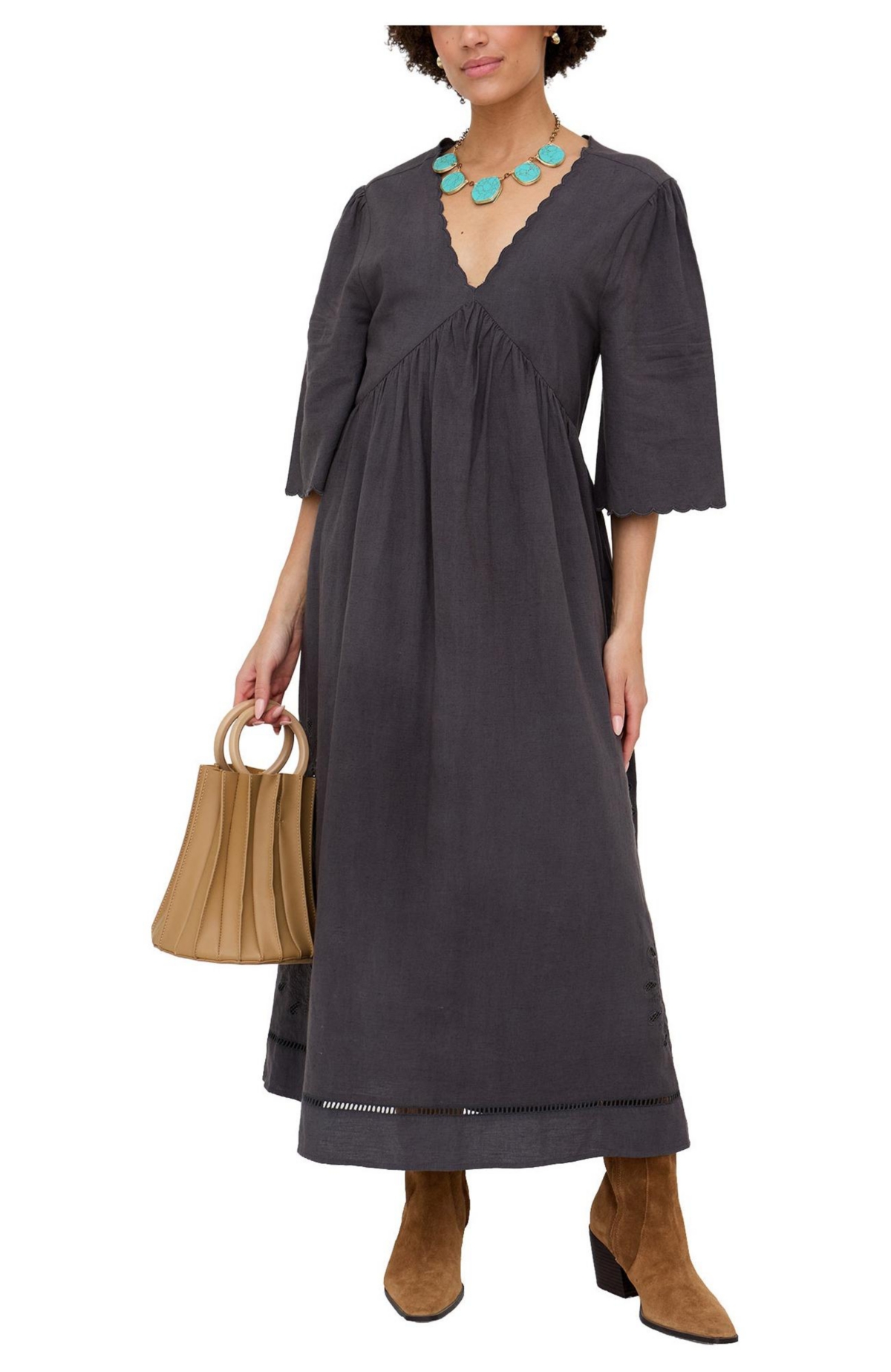 Raffya Women’s Candice Flutter Sleeve Jacquard Maxi Dress – Charcoal Raffya Women’s Candice Flutter Sleeve Jacquard Maxi Dress – Charcoal