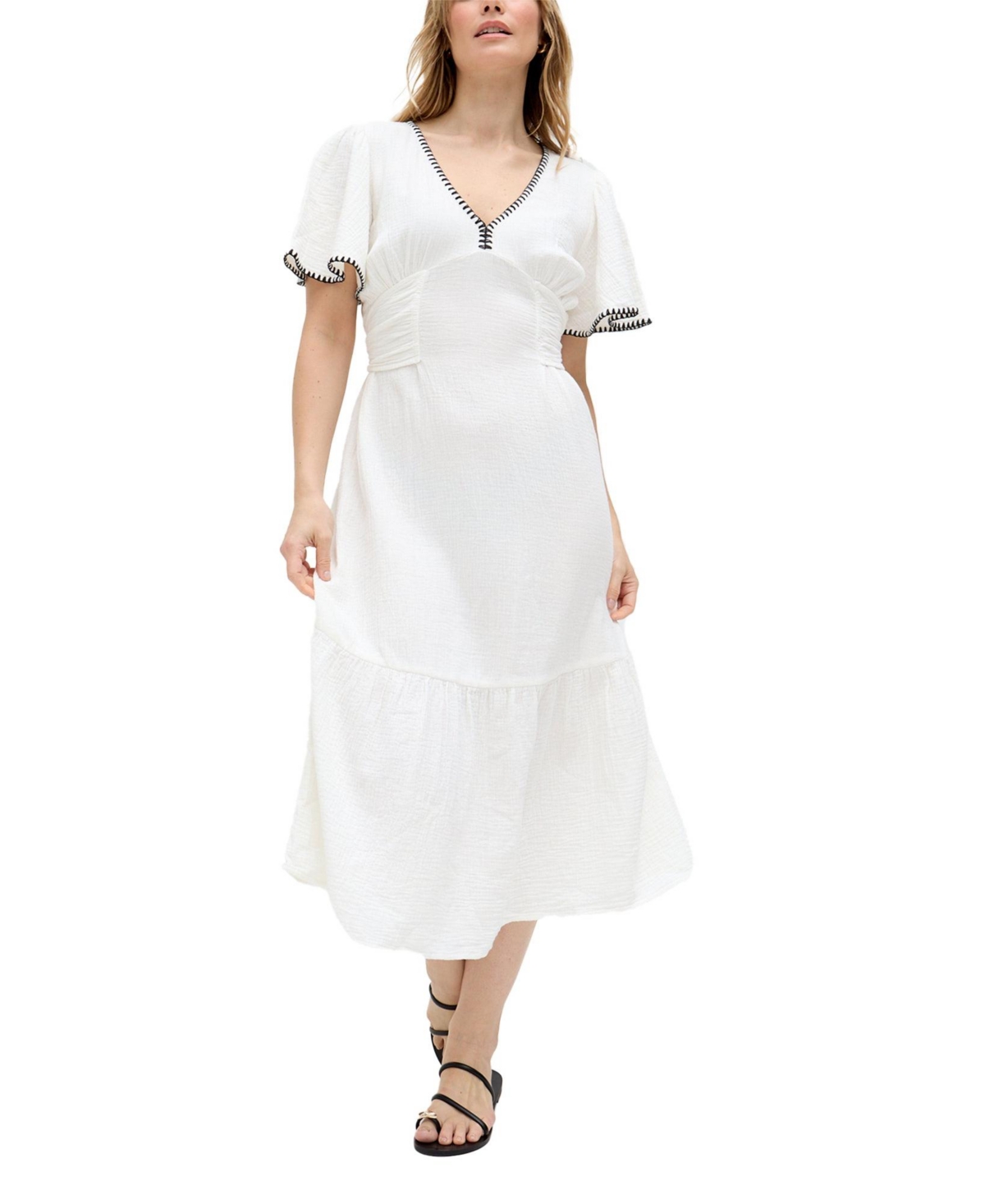 Raffya Women’s Delilah V-Neck Front Tie Midi Dress – White Raffya Women’s Delilah V-Neck Front Tie Midi Dress – White