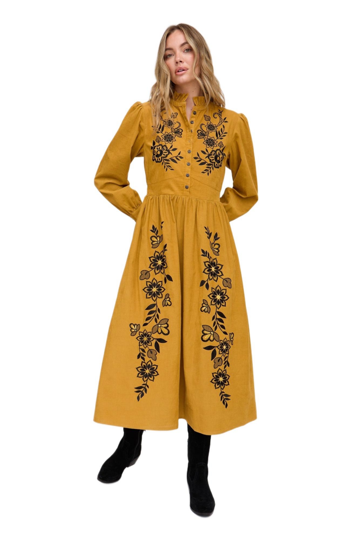 Raffya Women’s Puglia Corduroy Midi Dress – Mustard yellow
