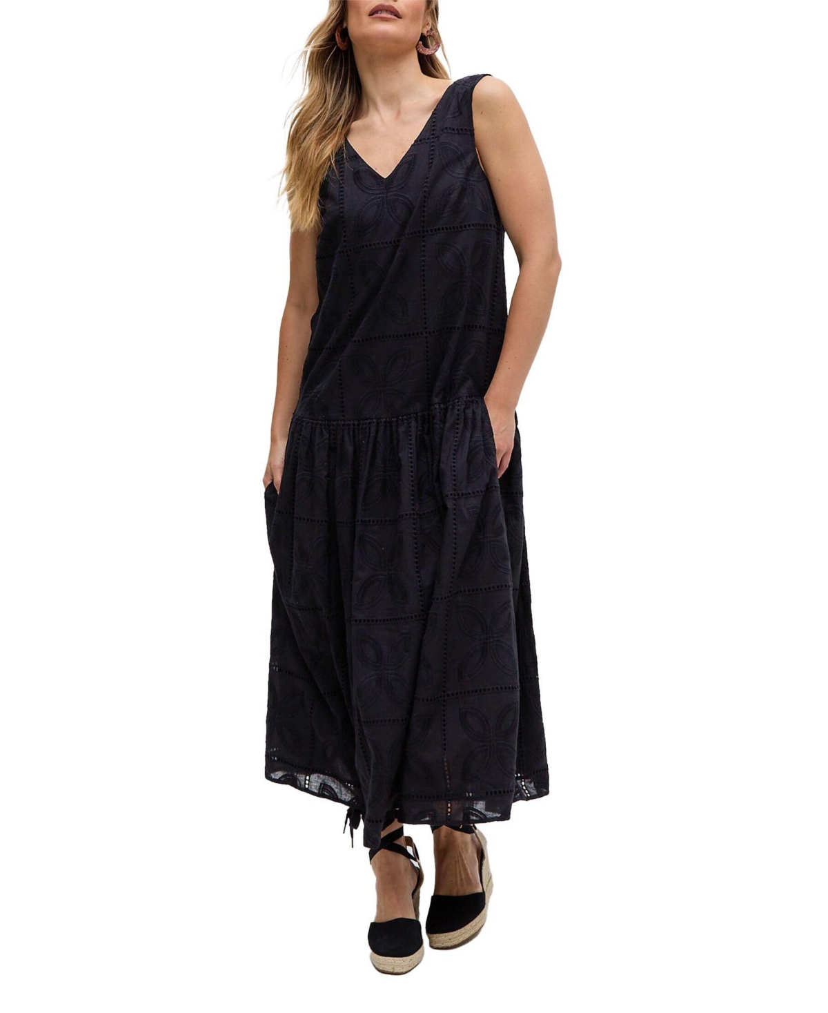 Raffya Women’s Squire All Over Cut Work Drop Waist Midi Dress – Black Raffya Women’s Squire All Over Cut Work Drop Waist Midi Dress – Black