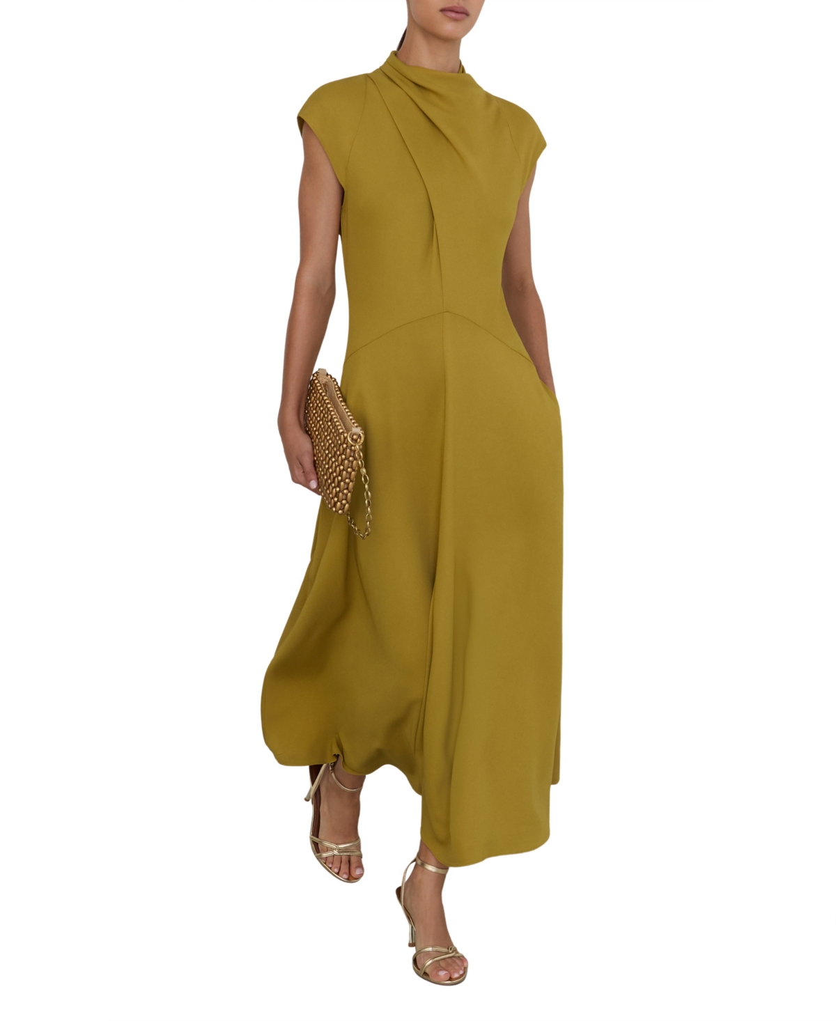 Reiss Women’s Alma High-Neck Pleat-Detail Midi Dress – Chartreuse