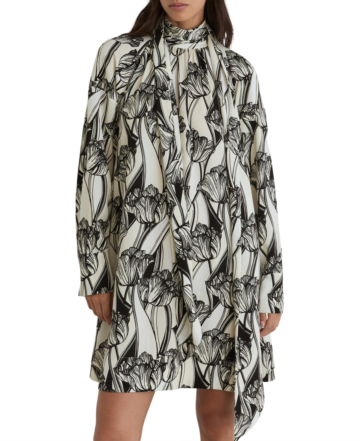 Reiss Women’s Alwen Floral-Print High-Neck Swing Mini Dress – Blackivory