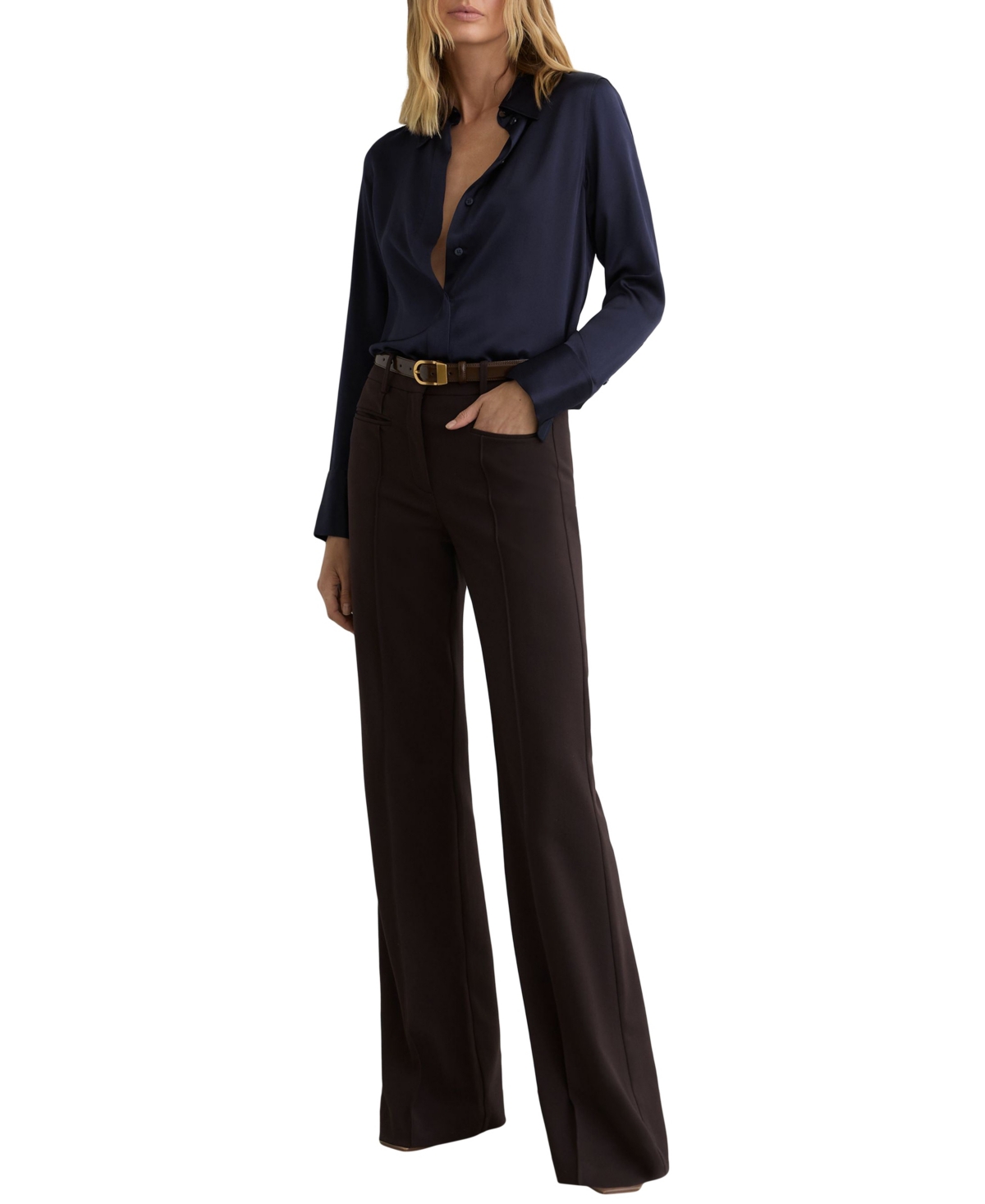 Reiss Women’s Ameira Long-Sleeve Silk Concealed-Placket Blouse – Navy