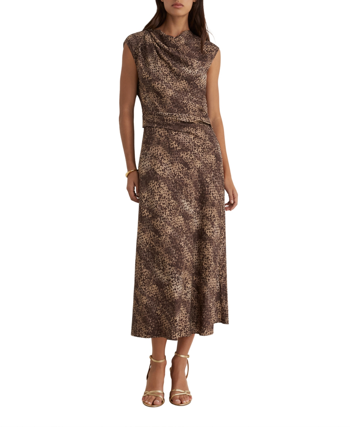 Reiss Women’s Camie Draped-Detail Printed Midi Dress – Brown Reiss Women’s Camie Draped-Detail Printed Midi Dress – Brown