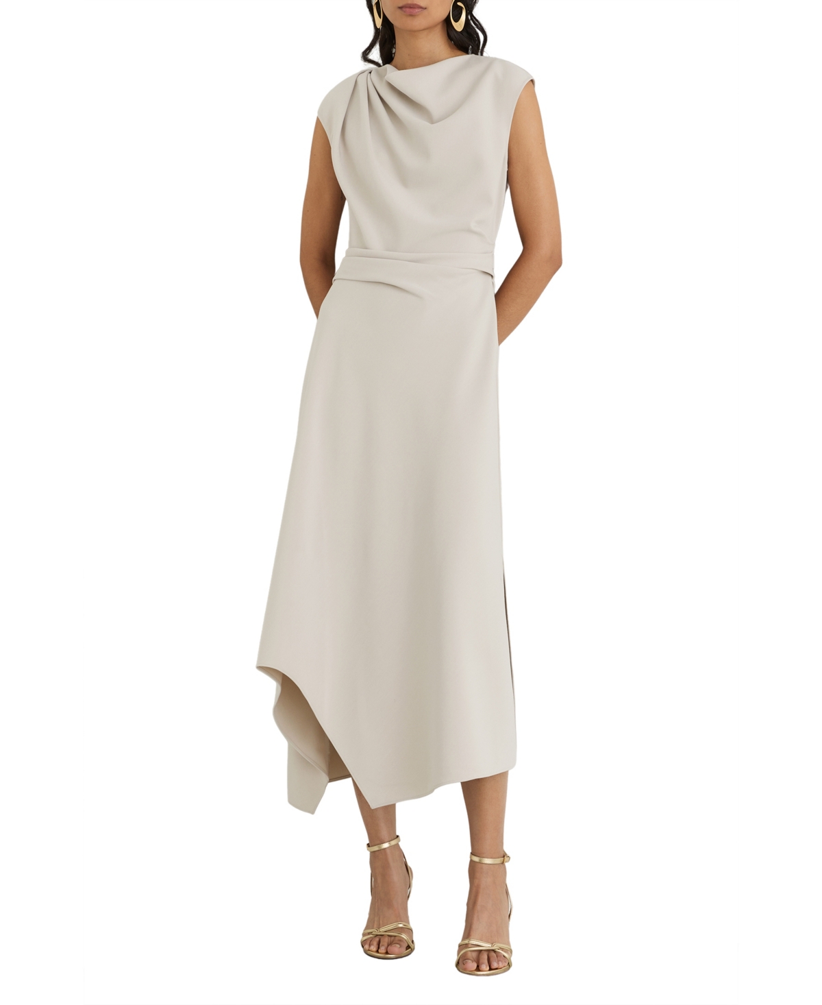 Reiss Women’s Camilla Cowl Neck Sleeveless Asymmetric Hem Midi Dress – Stone Neut Reiss Women’s Camilla Cowl Neck Sleeveless Asymmetric Hem Midi Dress – Stone Neut