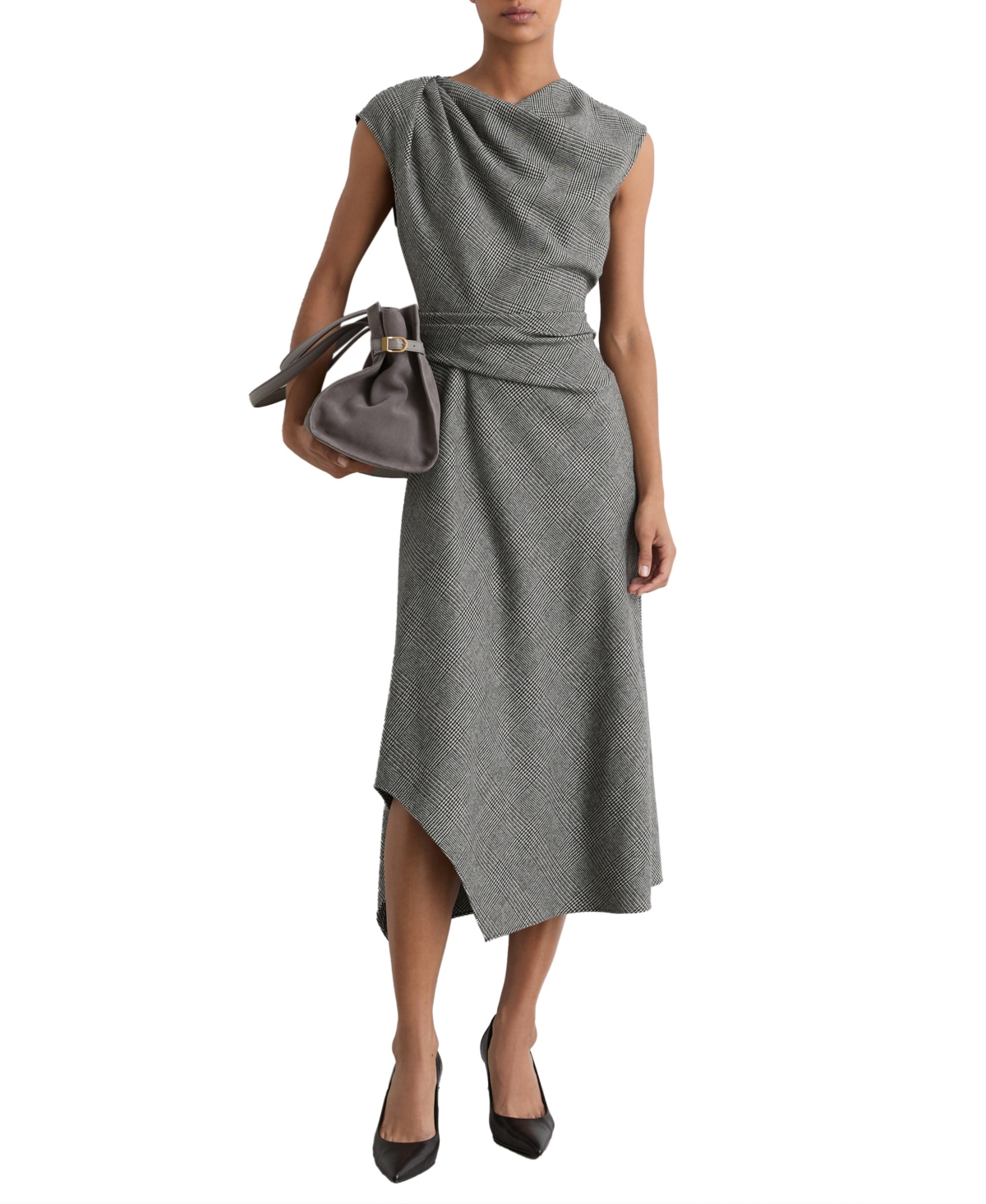 Reiss Women’s Clara Wool-Blend Check Tailored Midi Dress – Grey Reiss Women’s Clara Wool-Blend Check Tailored Midi Dress – Grey