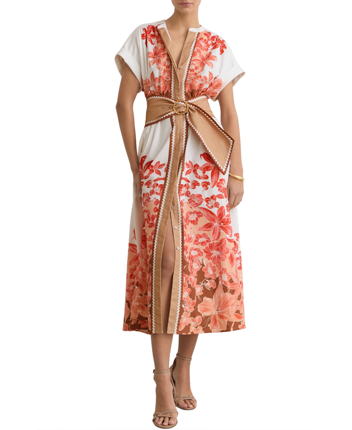 Reiss Women’s Cotton Floral Belted with Stretch Midi Dress – Pink, Ivory Reiss Women’s Cotton Floral Belted with Stretch Midi Dress – Pink, Ivory