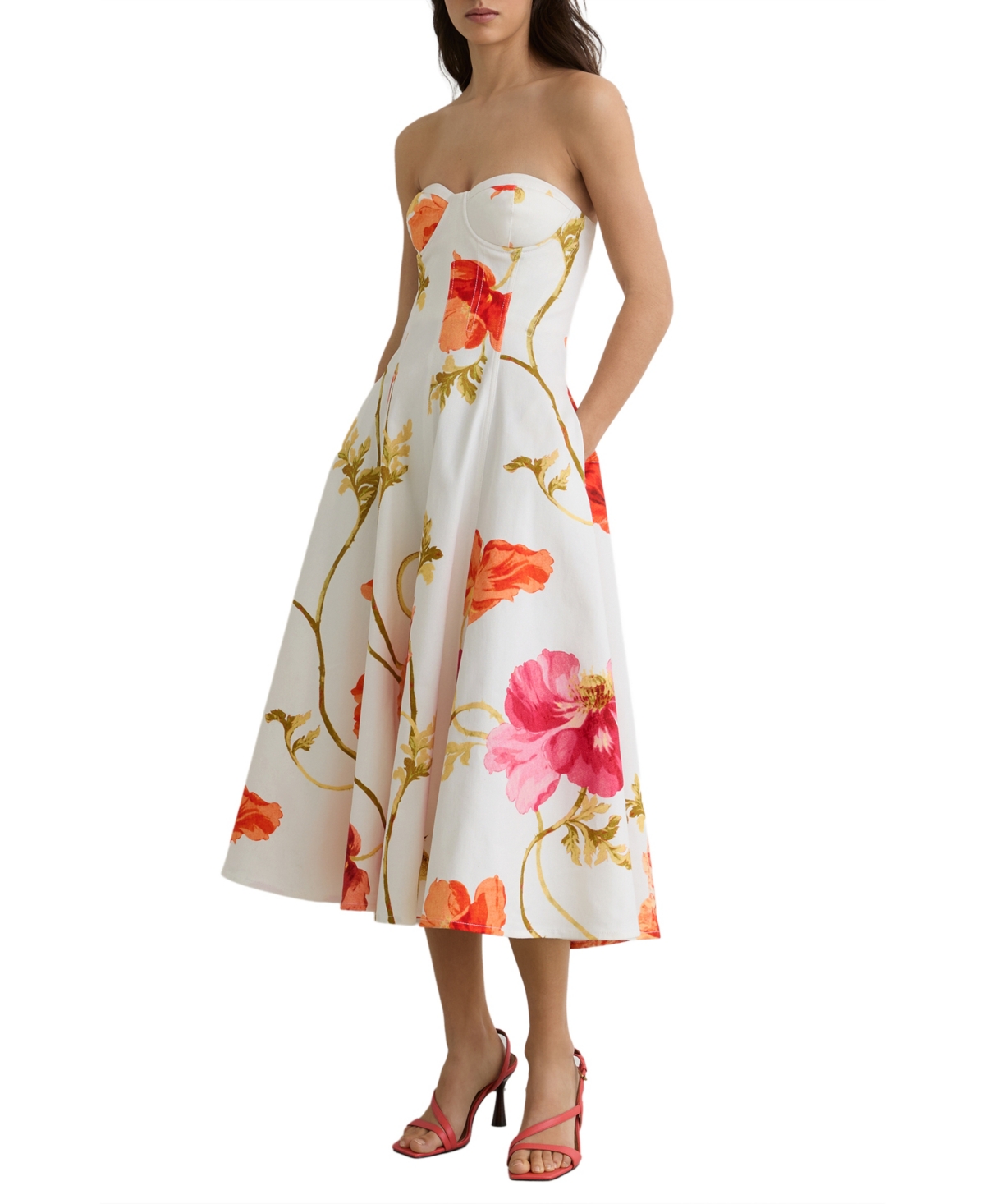 Reiss Women’s Cotton Floral Bustier Midi Dress with Stretch – Creamred