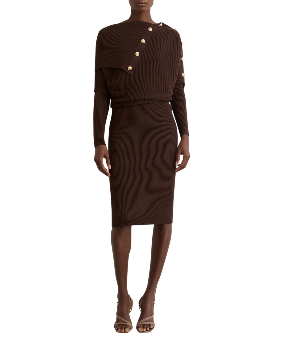 Reiss Women’s Draped Off-Shoulder Rib-Knit Dress – Chocolate Reiss Women’s Draped Off-Shoulder Rib-Knit Dress – Chocolate