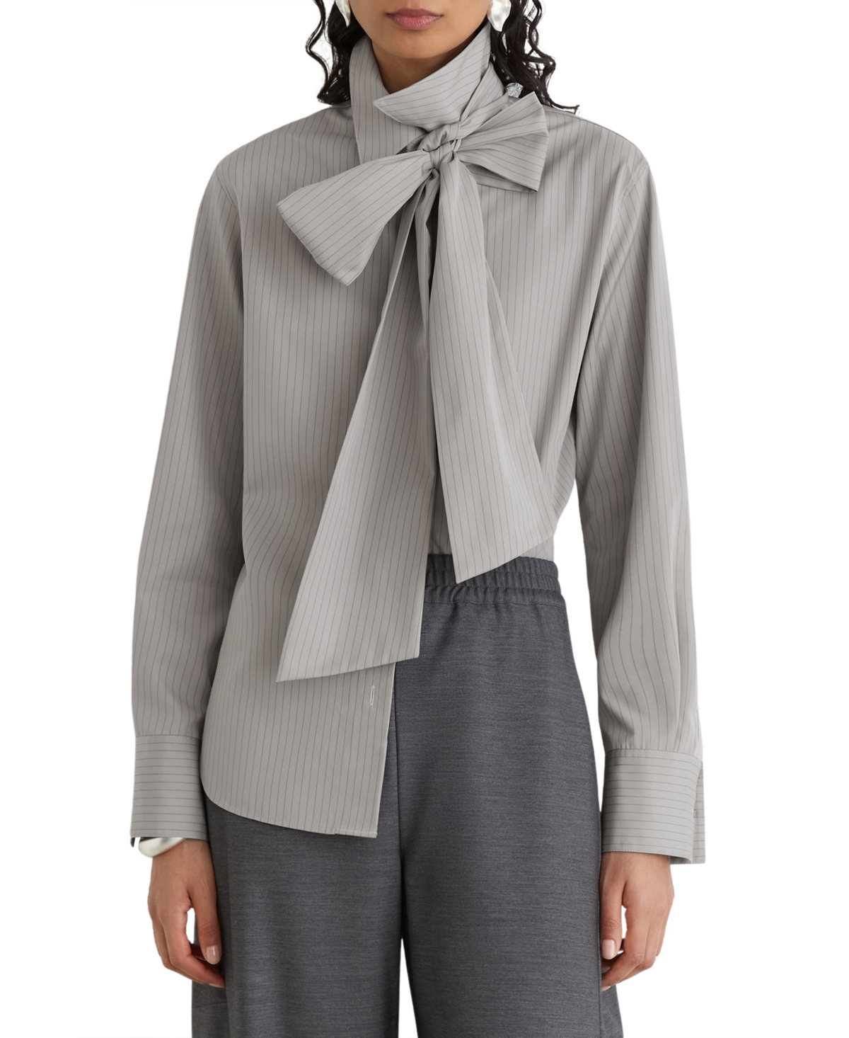 Reiss Women’s Elowen Long-Sleeve Striped Tie-Neck Blouse – Grey