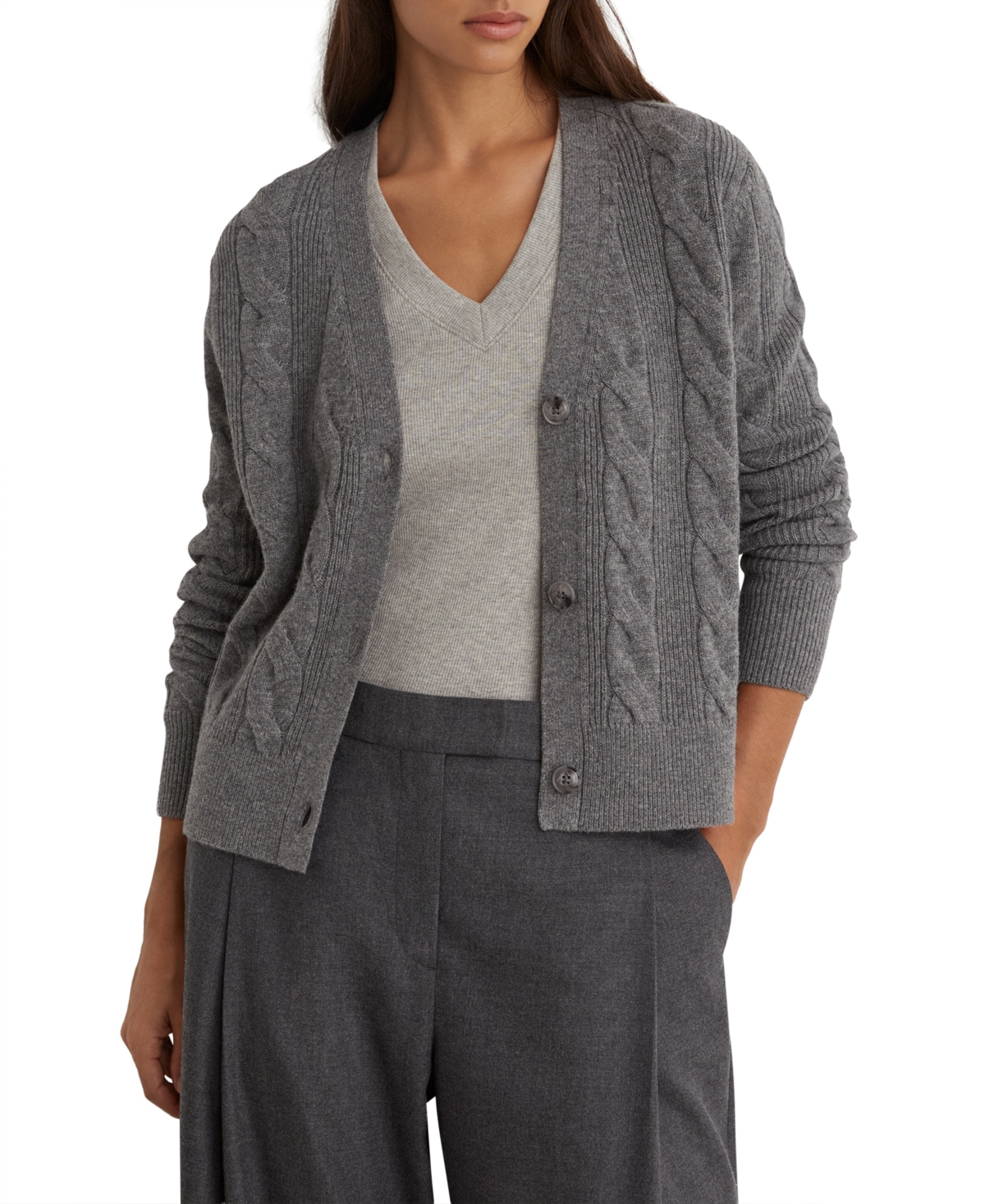 Reiss Women’s Elowen Wool-Cashmere Cable-Knit Cardigan – Charcoal G