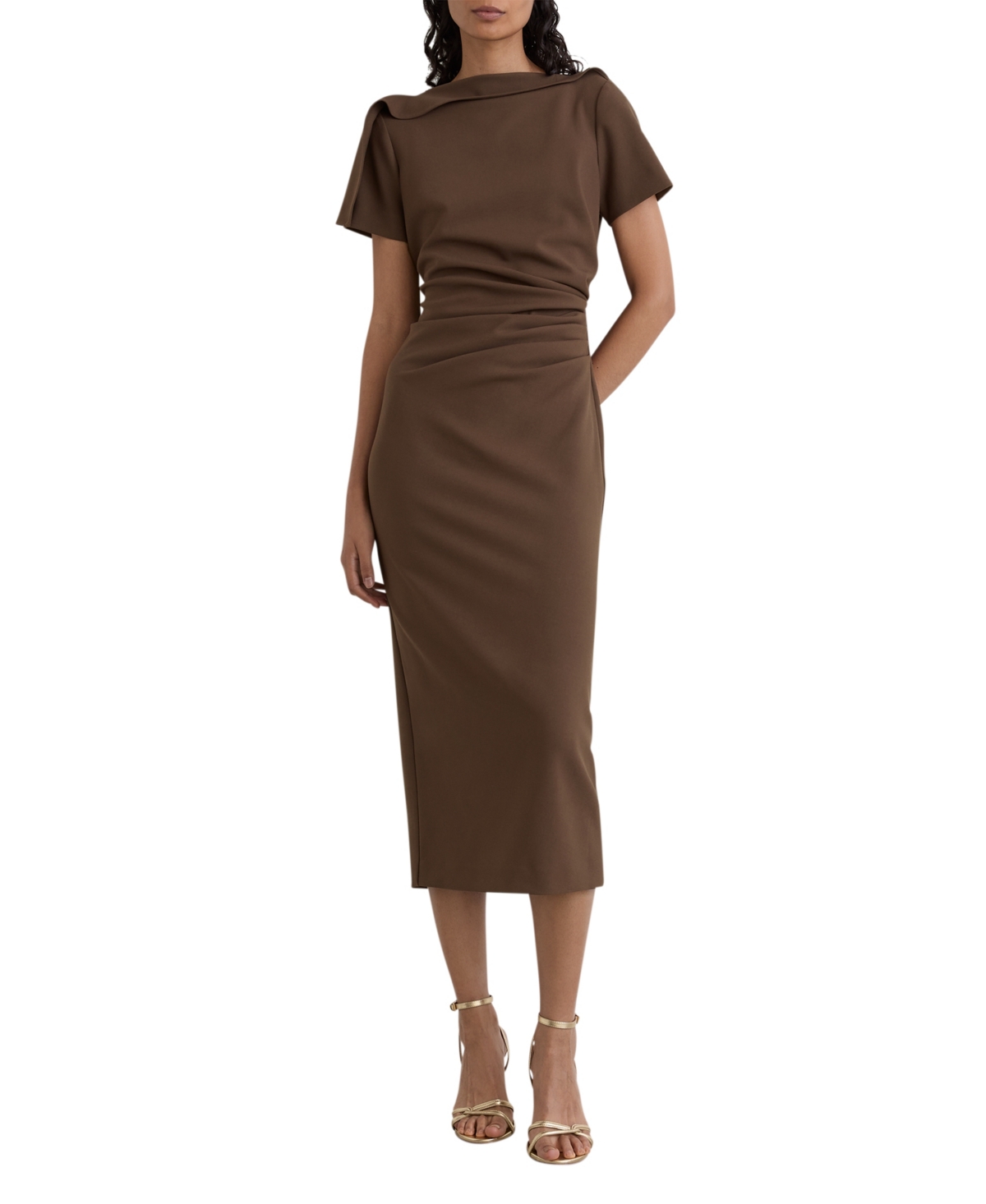 Reiss Women’s Hilary Ruched-Detail Boat-Neck Midi Dress – Mocha Brown Reiss Women’s Hilary Ruched-Detail Boat-Neck Midi Dress – Mocha Brown