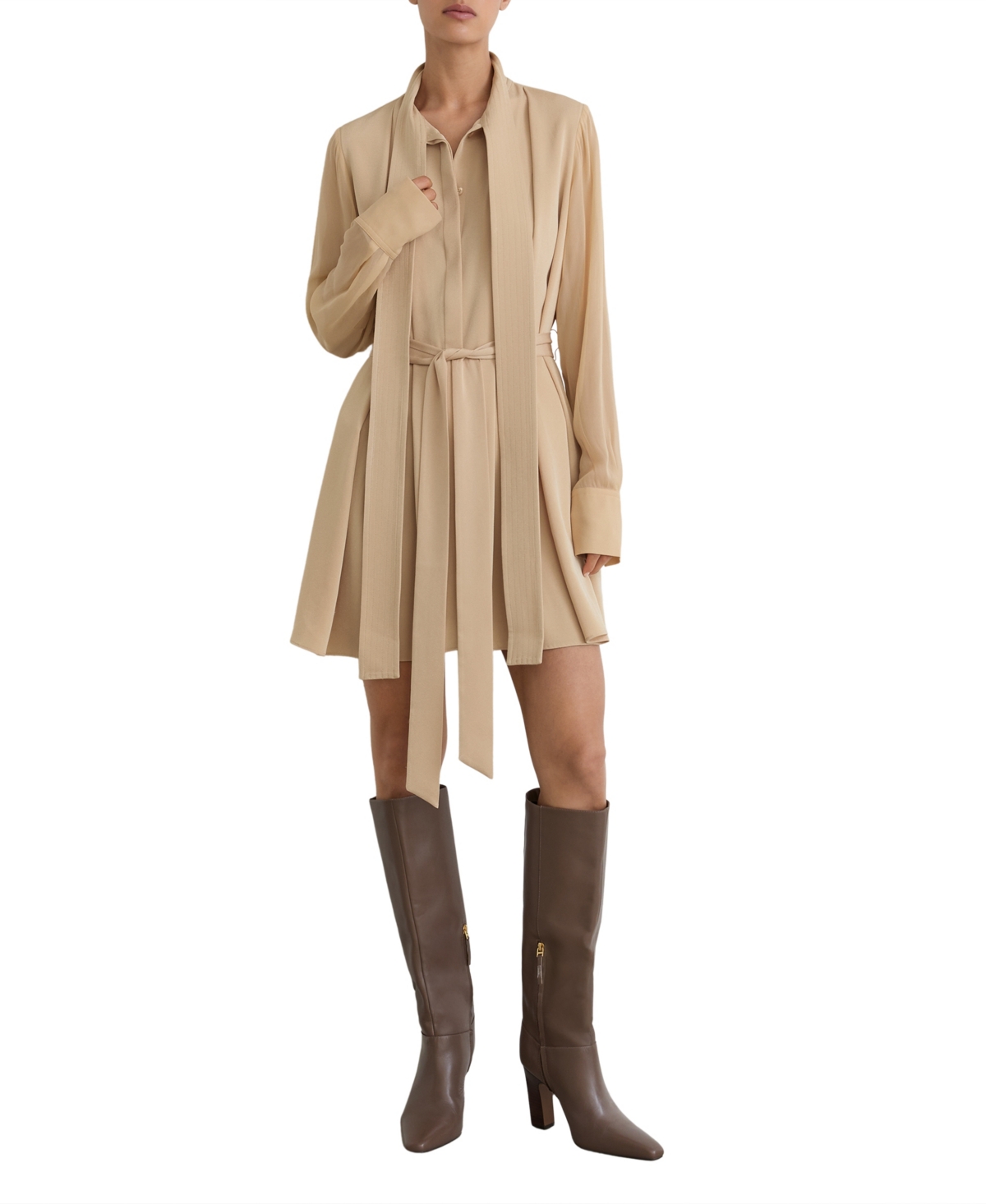 Reiss Women’s Iman Tie-Neck Belted Mini Dress – Cream Reiss Women’s Iman Tie-Neck Belted Mini Dress – Cream