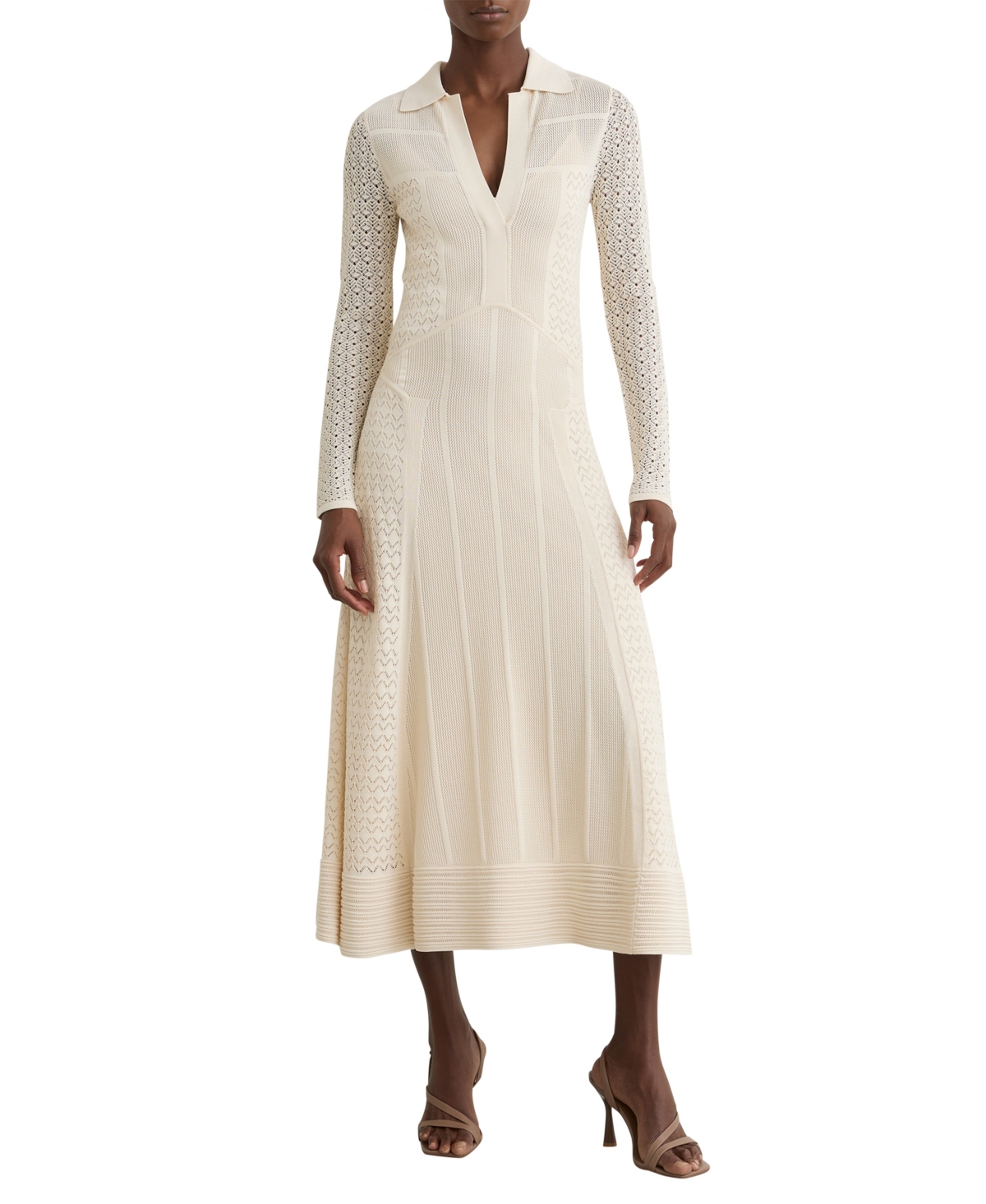 Reiss Women’s Lindy Pointelle-Knit Long-Sleeve V-Neck Midi Dress – Cream