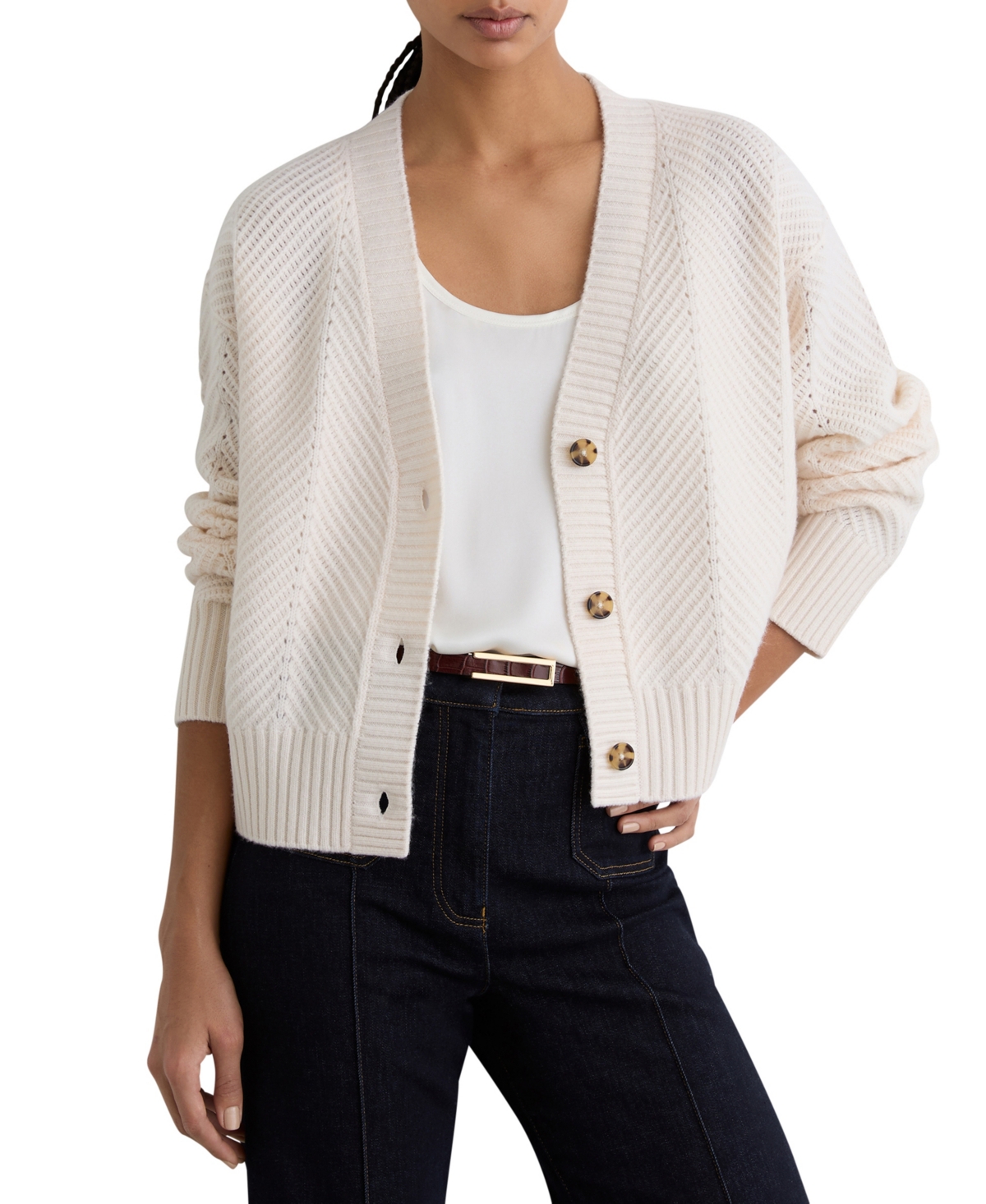 Reiss Women’s Lottie Wool-Cashmere Chevron-Stitch Cardigan – Ivory Reiss Women’s Lottie Wool-Cashmere Chevron-Stitch Cardigan – Ivory