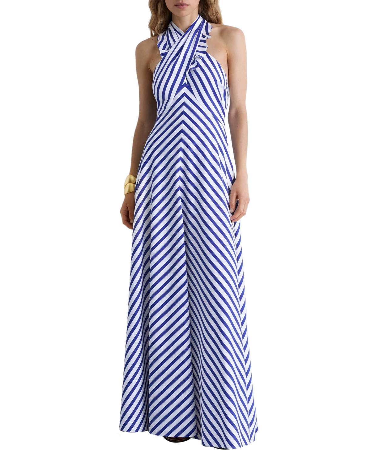 Reiss Women’s Luna Striped Halterneck Ruffle Maxi Dress – Blue/ivory Reiss Women’s Luna Striped Halterneck Ruffle Maxi Dress – Blue/ivory