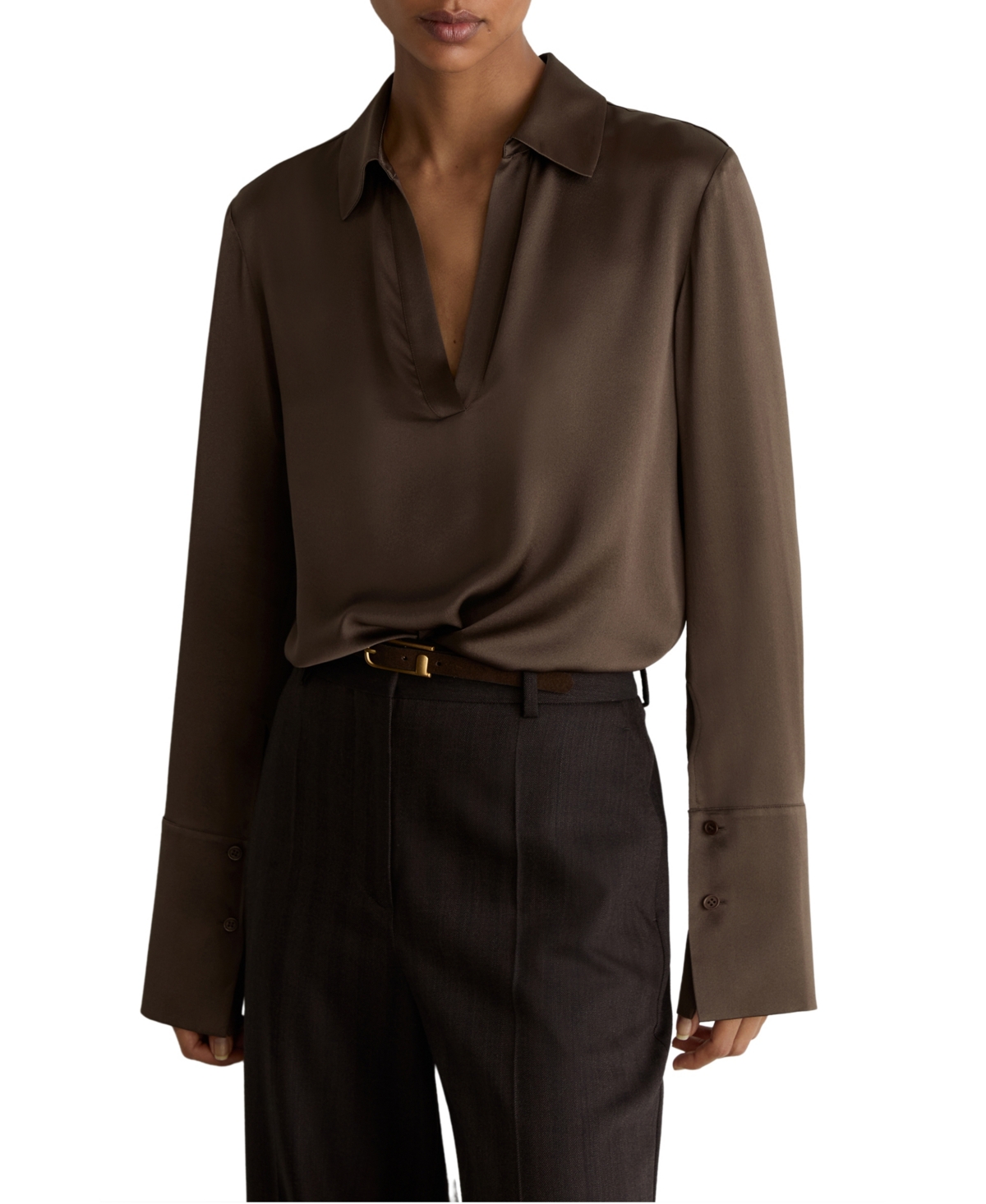 Reiss Women’s Marina Silk Open-Collar Blouse – Mocha Brow Reiss Women’s Marina Silk Open-Collar Blouse – Mocha Brow