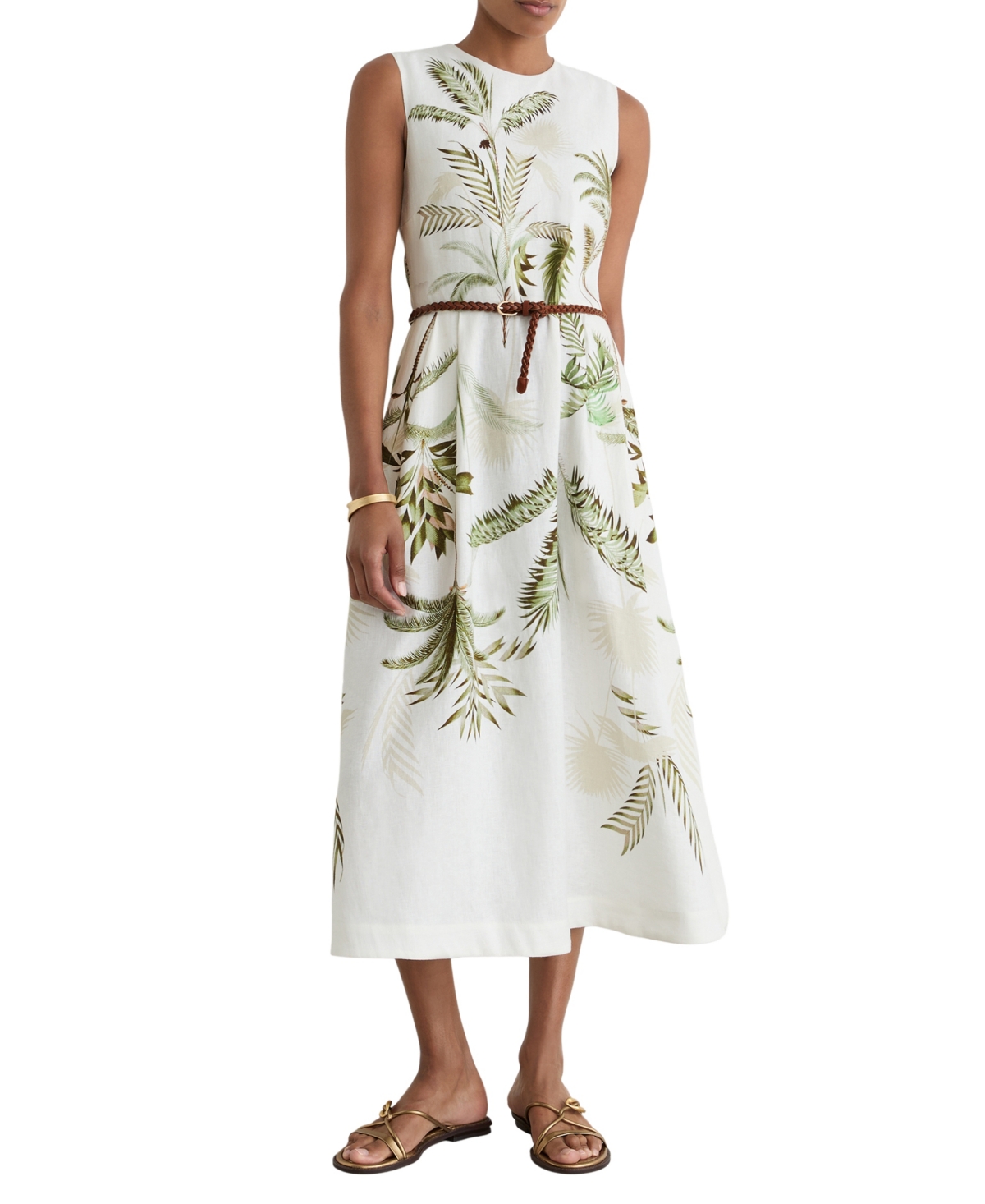 Reiss Women’s Palma Linen Palm-Print Sleeveless Midi Dress – Ivory Khak