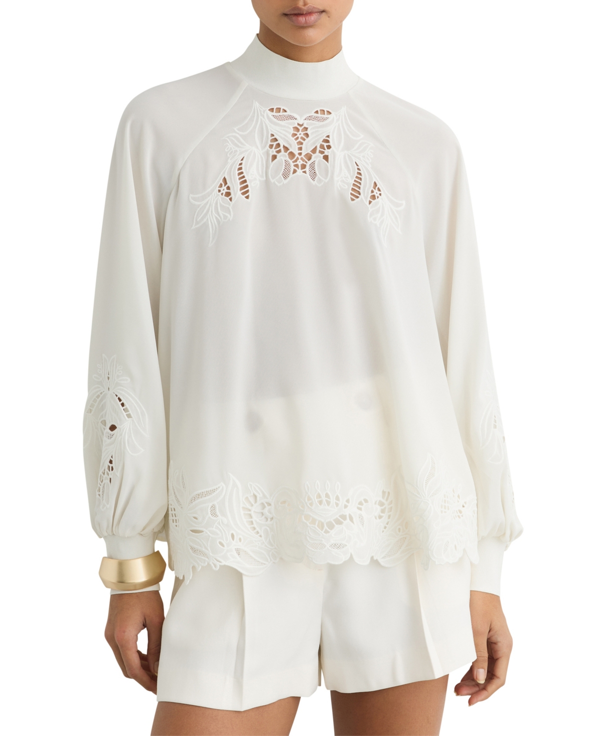 Reiss Women’s Rae High-Neck 3/4-Sleeve Blouson Lace Blouse – Cream Reiss Women’s Rae High-Neck 3/4-Sleeve Blouson Lace Blouse – Cream