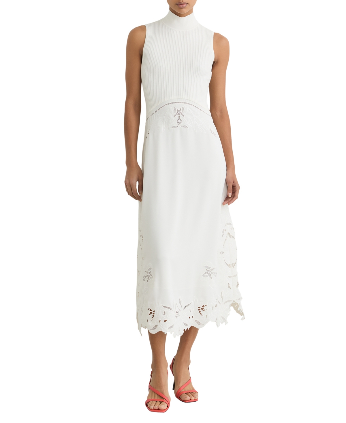 Reiss Women’s Rib-Knit Mix Broderie Midi Dress – Ivory Reiss Women’s Rib-Knit Mix Broderie Midi Dress – Ivory