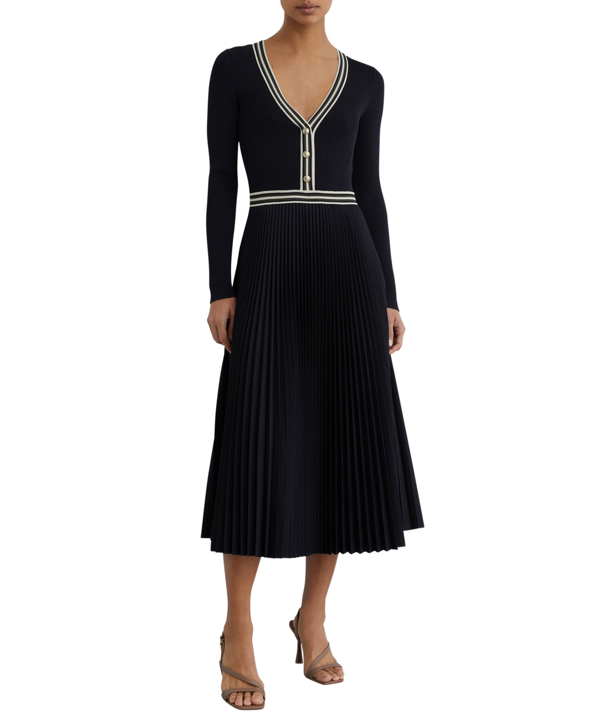 Reiss Women’s Rib-Knit Stripe-Trim Pleated Midi Dress – Navy Reiss Women’s Rib-Knit Stripe-Trim Pleated Midi Dress – Navy