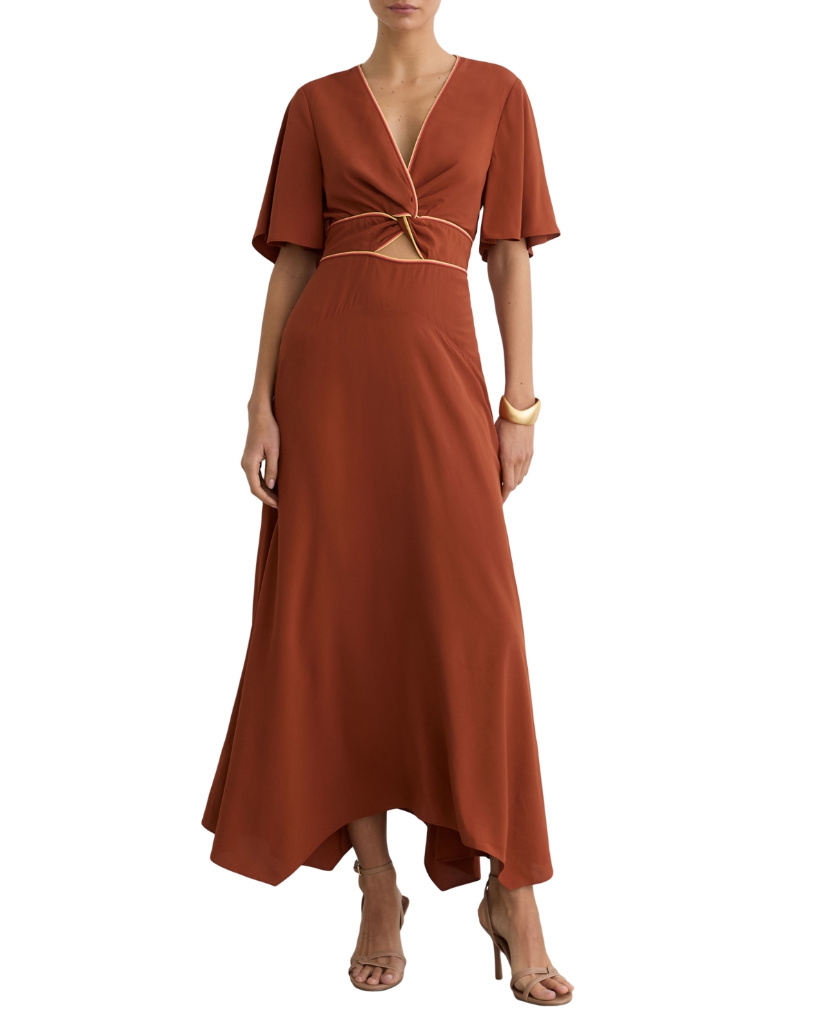 Reiss Women’s Rosanna Piped-Trim Cut-Out V-Neck Midi Dress – Rust Orange