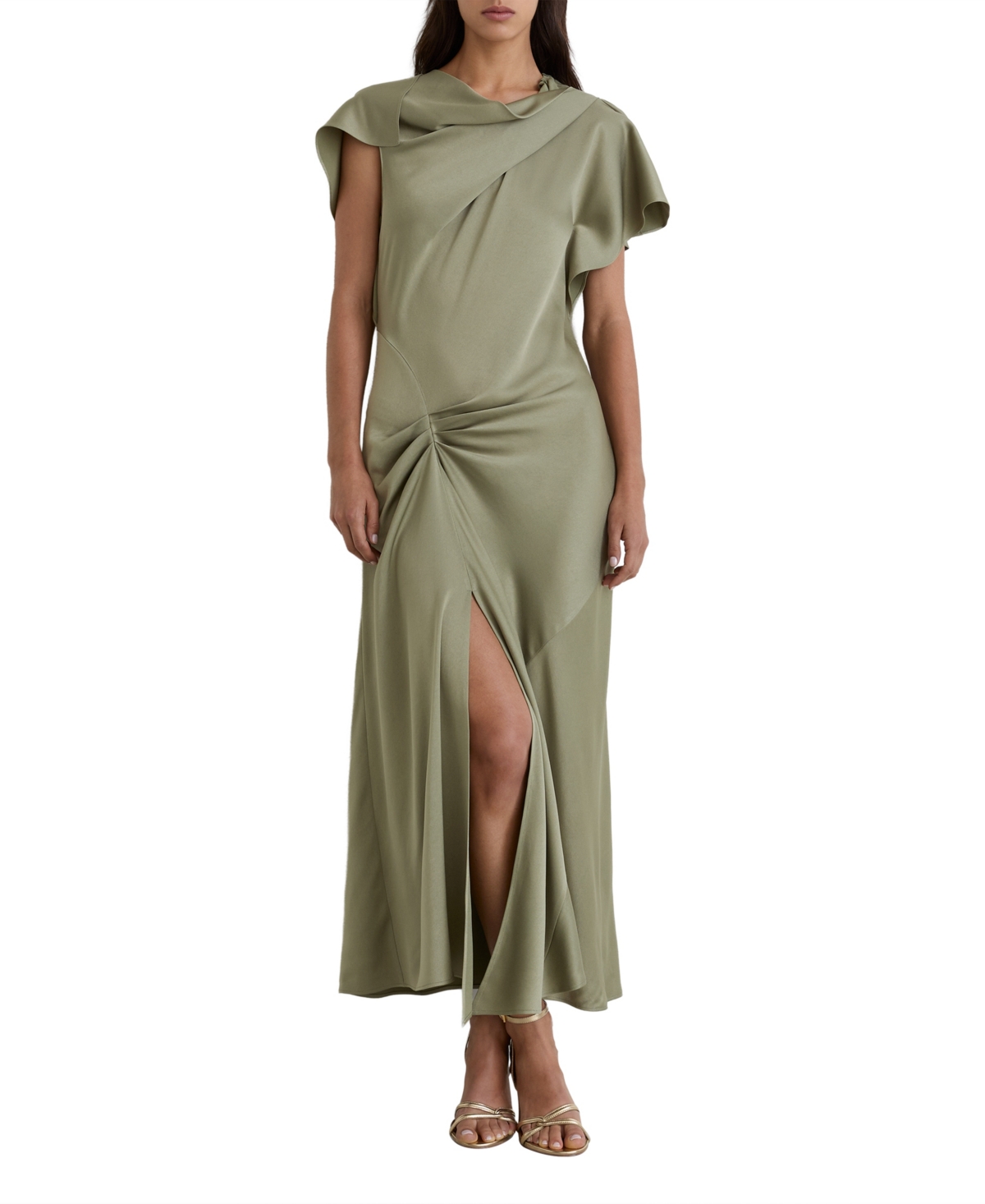 Reiss Women’s Sasha Cowl Neck Gathered-Draping Satin Midi Dress – Khaki Green Reiss Women’s Sasha Cowl Neck Gathered-Draping Satin Midi Dress – Khaki Green