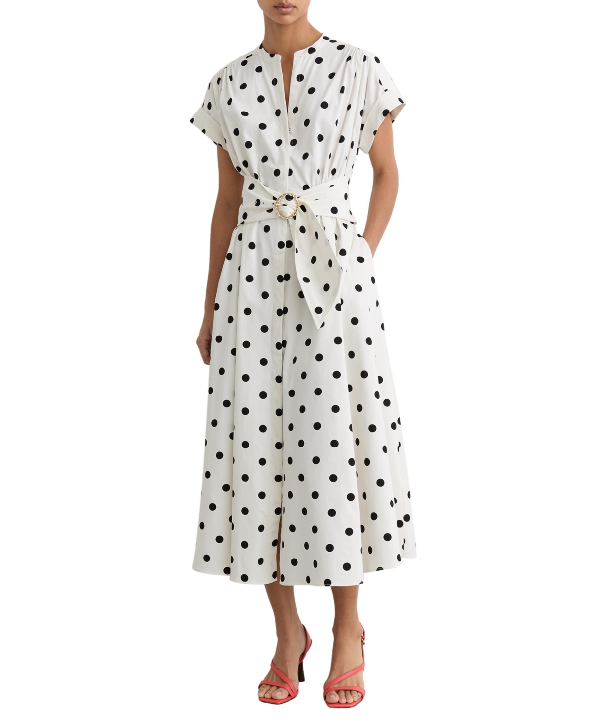 Reiss Women’s Sawyer Cotton Polka-Dot Belted Midi Dress with Stretch – Ivoryblack Reiss Women’s Sawyer Cotton Polka-Dot Belted Midi Dress with Stretch – Ivoryblack