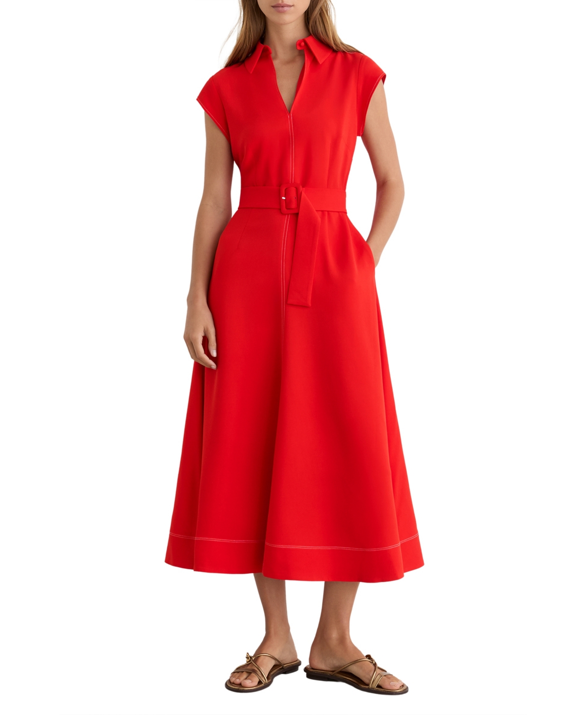 Reiss Women’s Sloane Collared Belted Midi Dress – Red