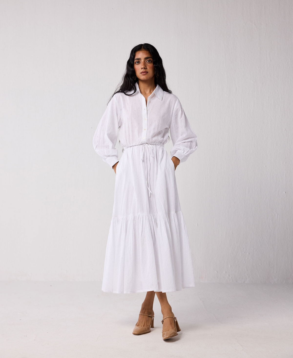 Reistor Women’s Embroidered Flowy Tiered Maxi Dress – Textured eyelet in white Reistor Women’s Embroidered Flowy Tiered Maxi Dress – Textured eyelet in white