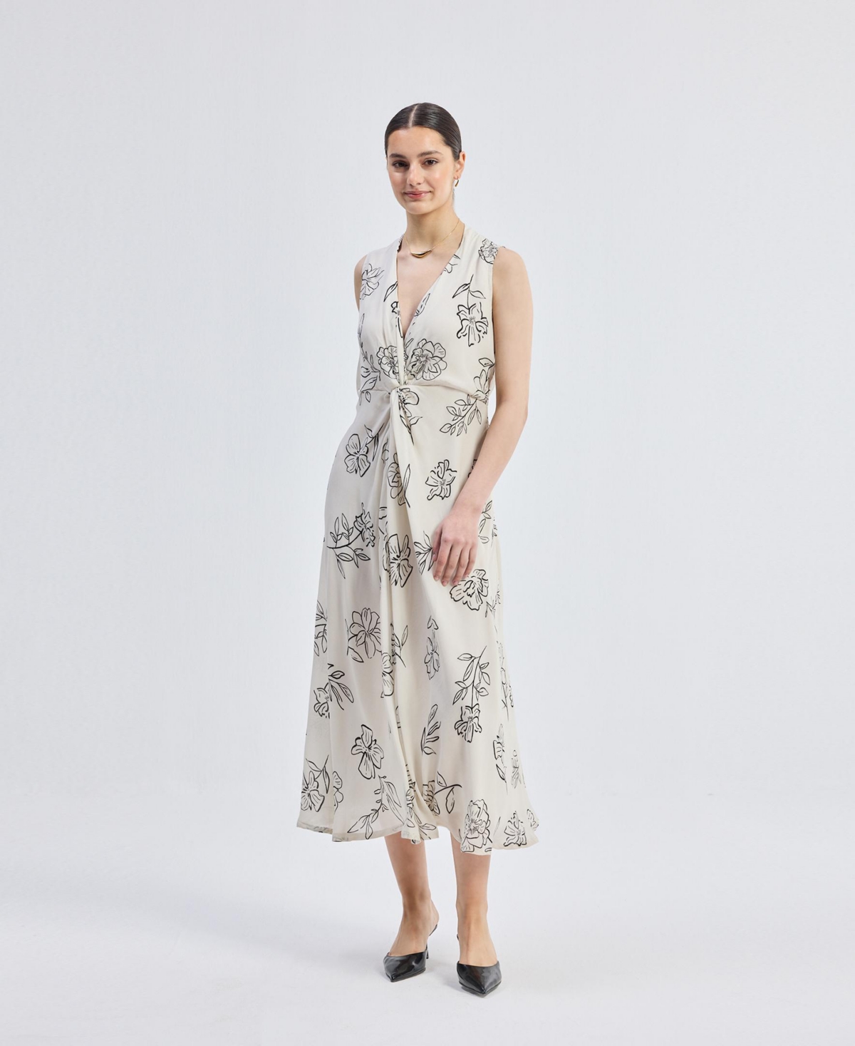 Reistor Women’s Front Twist Midi dress in Black Florals – White Reistor Women’s Front Twist Midi dress in Black Florals – White