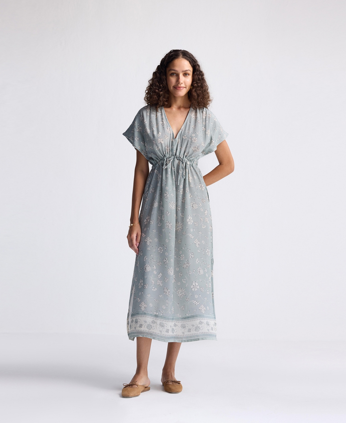 Reistor Women’s Gathered Maxi Dress with Side Slits in Mosaic – White