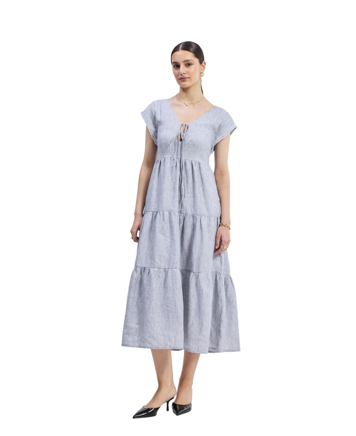 Reistor Women’s Gathered Tiered Dress with Front-ties – Linen stripes – Pin striped linen Reistor Women’s Gathered Tiered Dress with Front-ties – Linen stripes – Pin striped linen