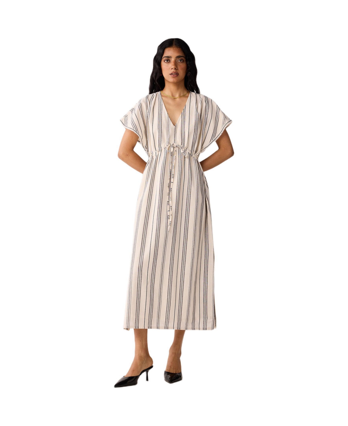 Reistor Women’s Maxi Gathered Dress with Side Slits in Stripes – Linear canvas