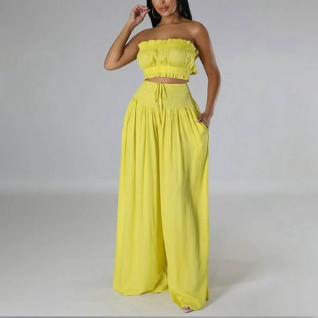 Riforla Women s Stylish Casual Solid Color Personality Strapless Pantsuit Sets for Women 2 Pieces Yellow M