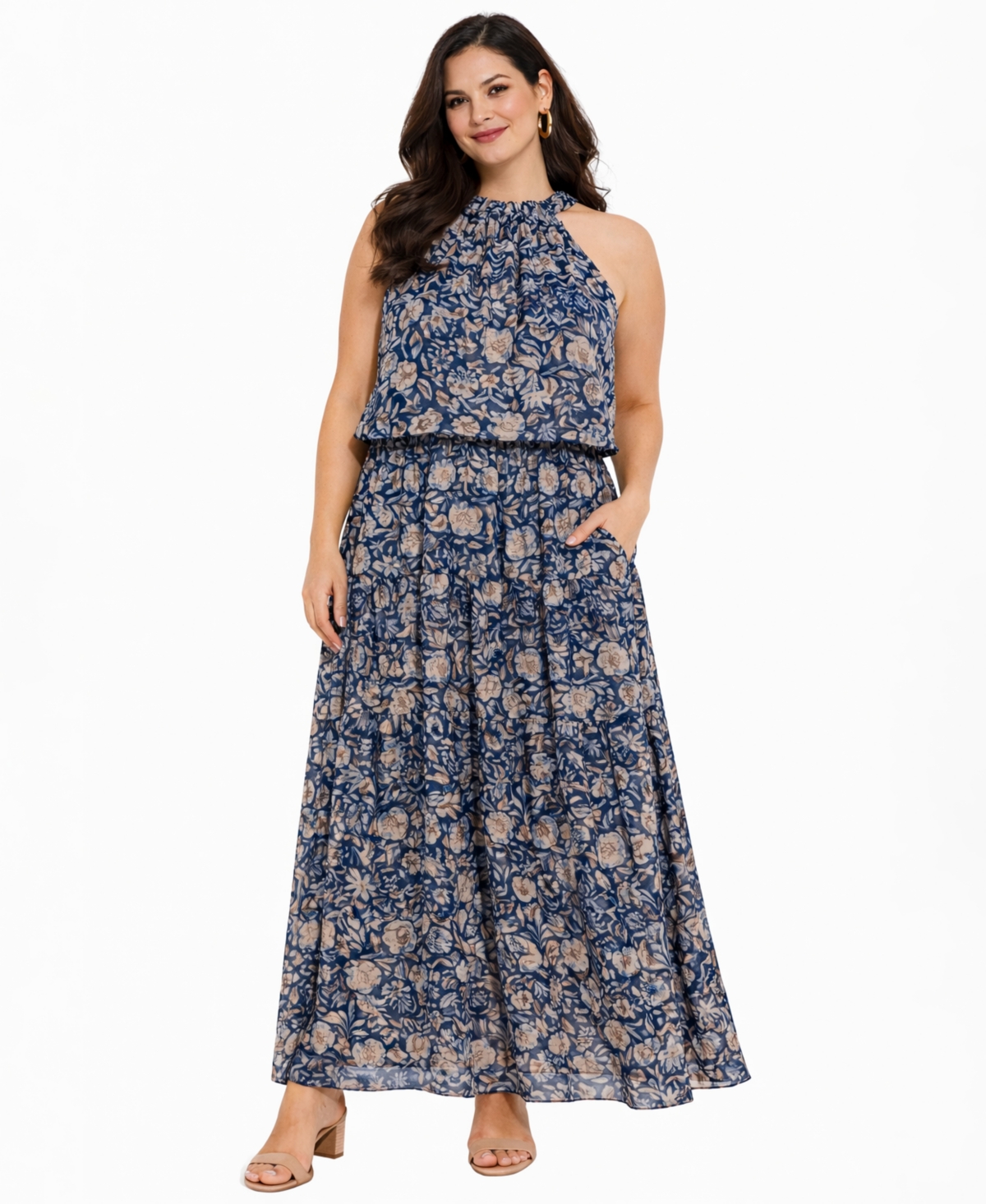 Rm Richards Women’s Sleeveless Halter Daytime Dress – Blue/Multi