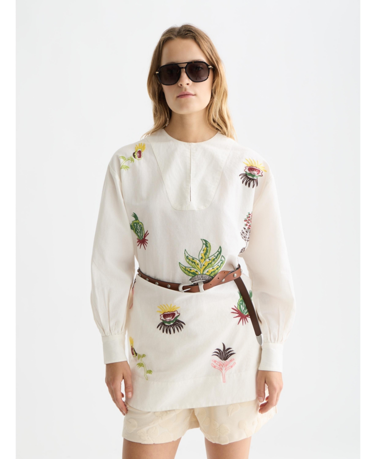 Scotch & Soda Women’s Embroidered Long Sleeve Cotton and Linen Shift Dress – Eggnog