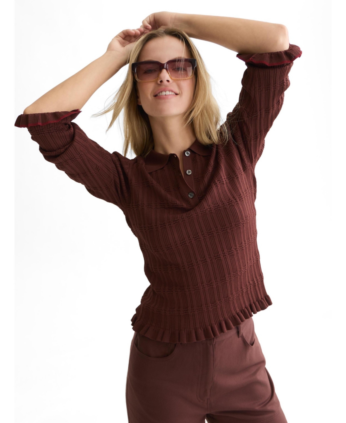 Scotch & Soda Women’s Long-Sleeve Ripple Stitch Polo-Neck Ruffle-Trim Pullover – Bitter chocolate Scotch & Soda Women’s Long-Sleeve Ripple Stitch Polo-Neck Ruffle-Trim Pullover – Bitter chocolate