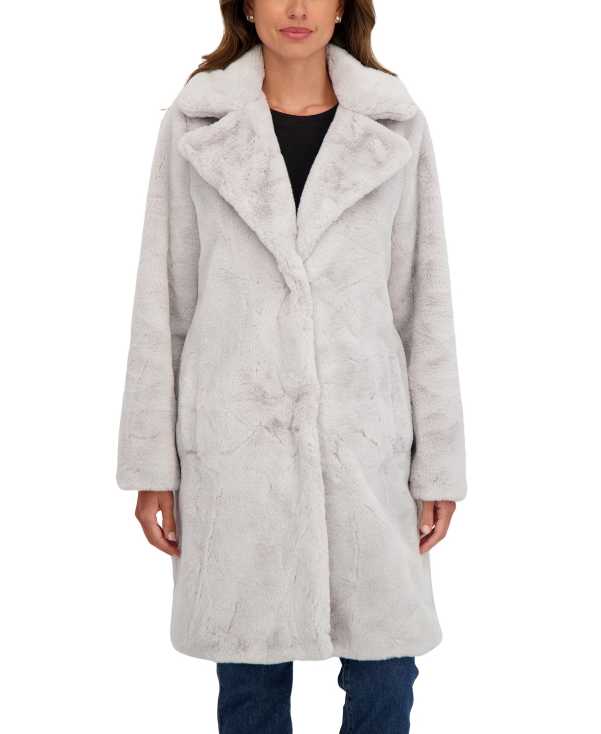 Sebby Collection Women’s Faux Fur Notch Collar 3/4 Coat – Light grey
