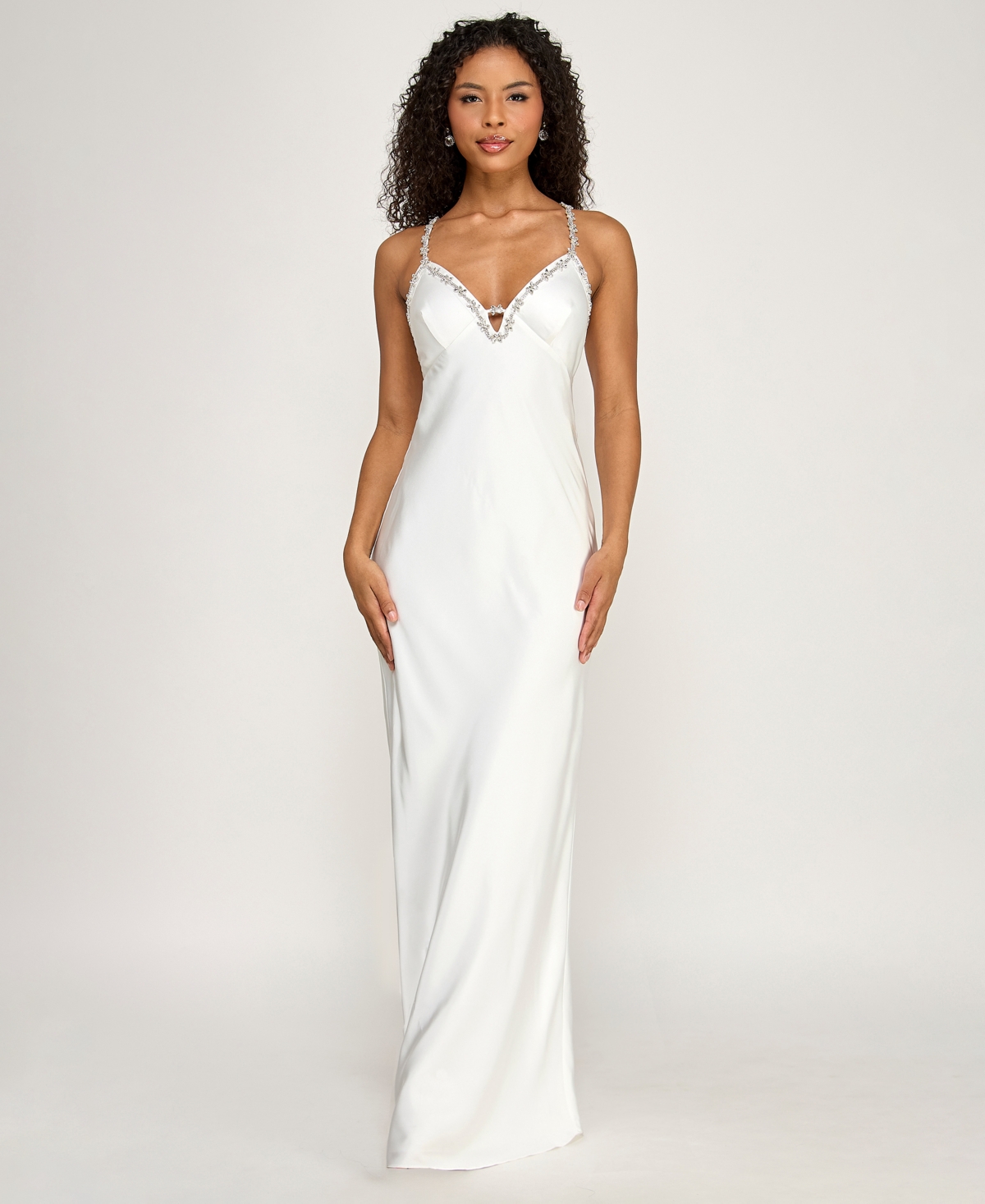 Seni & Cade Women’s Rhinestone Trim Long V-Neck Slip Dress – White