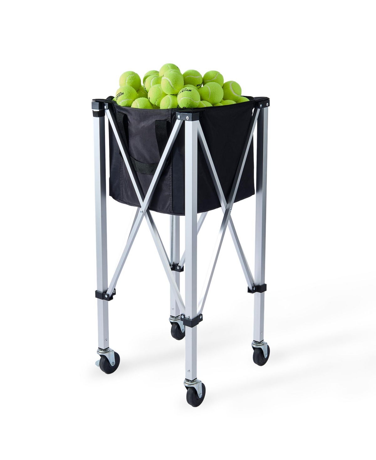 Sevorley Foldable Tennis Ball Hopper Cart with Wheels, Holds 150 Balls – Silver and black