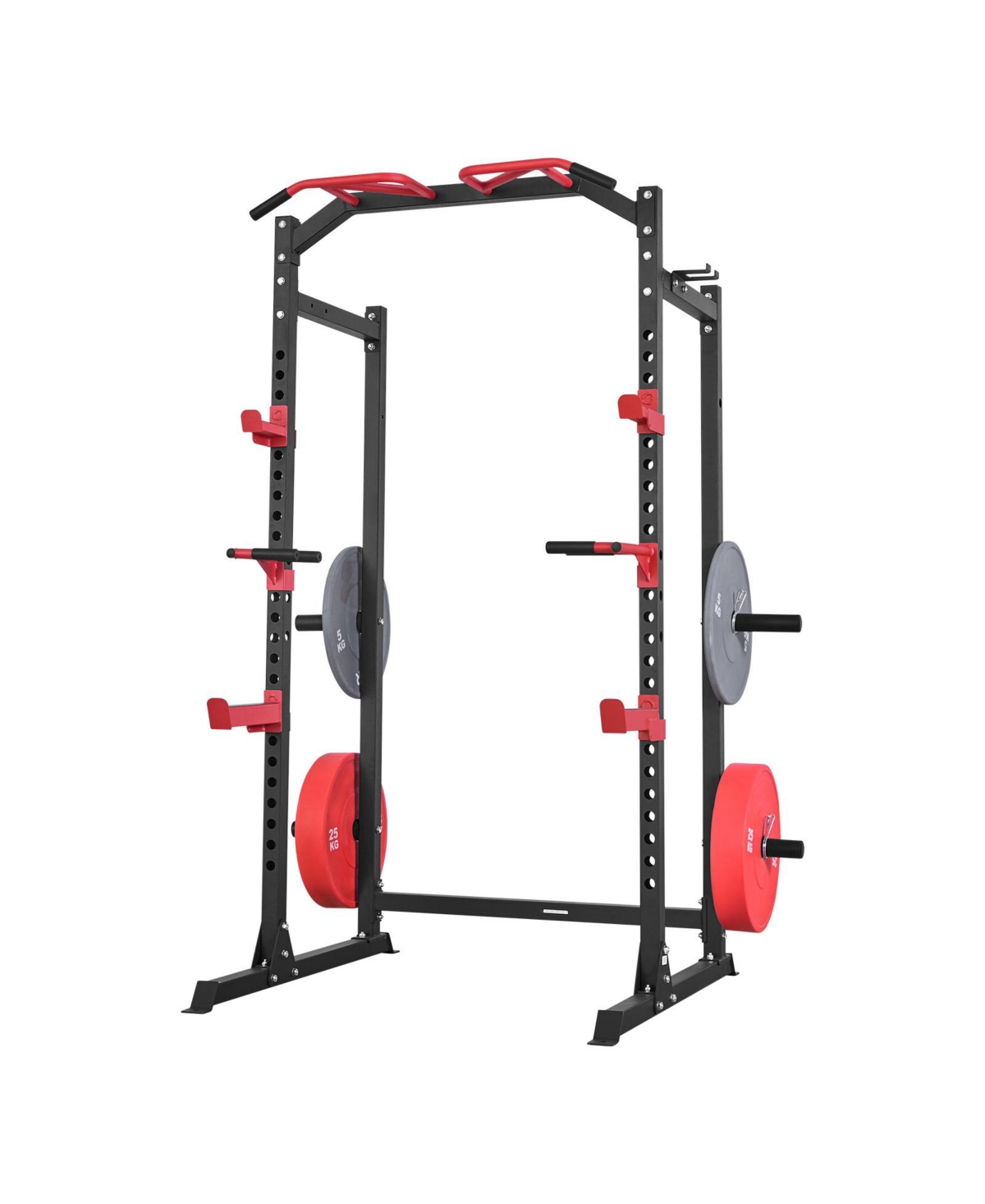 Sevorley Power Cage Rack with J-Hooks and Pull-Up Bar for Home Gym – Black with red attachments Sevorley Power Cage Rack with J-Hooks and Pull-Up Bar for Home Gym – Black with red attachments