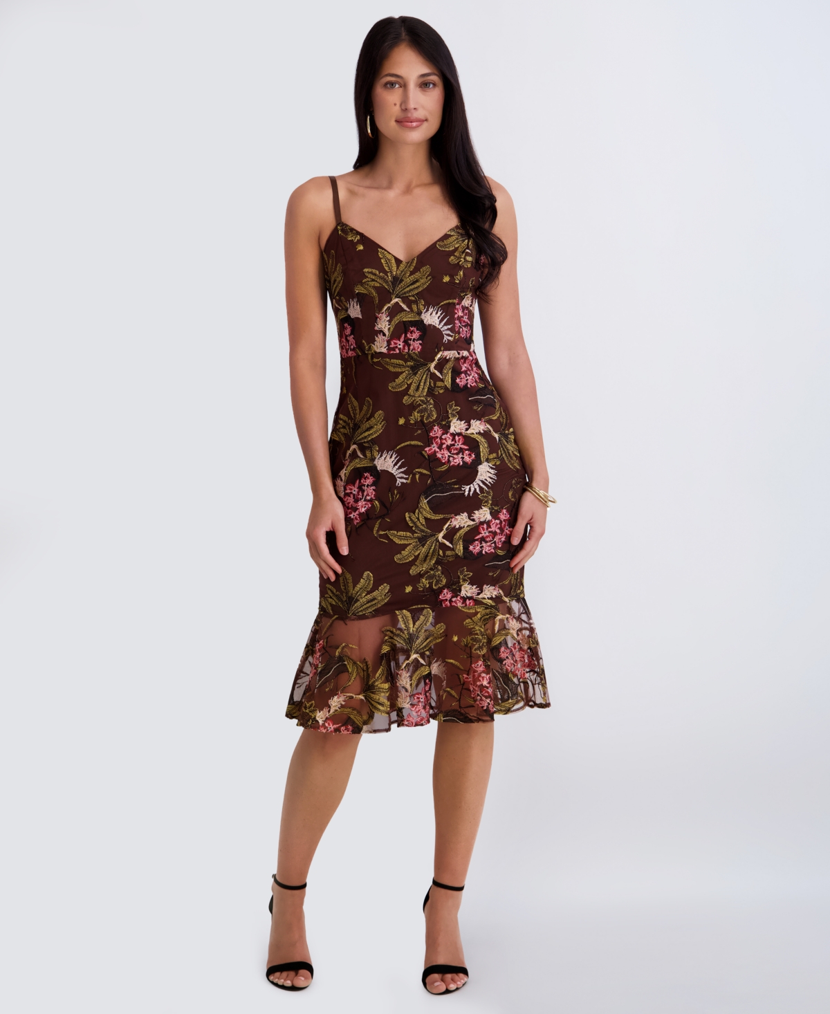 Siena Women’s Embroidered Mesh Sweetheart Neck Midi Dress – Chocolate Multi Siena Women’s Embroidered Mesh Sweetheart Neck Midi Dress – Chocolate Multi