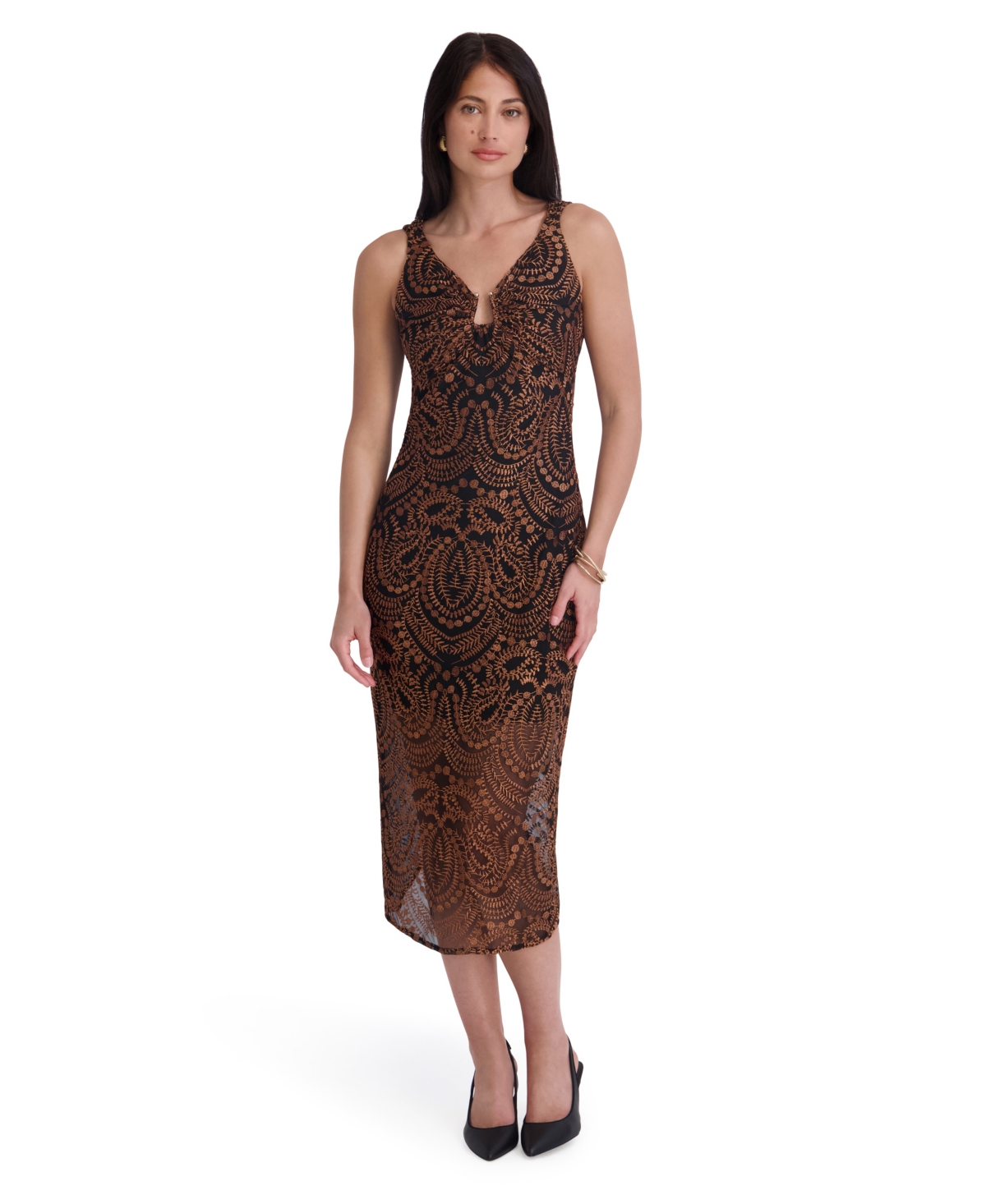 Siena Women’s Embroidered Mesh V-Neck Sleeveless Midi Dress – Black/Cognac Siena Women’s Embroidered Mesh V-Neck Sleeveless Midi Dress – Black/Cognac