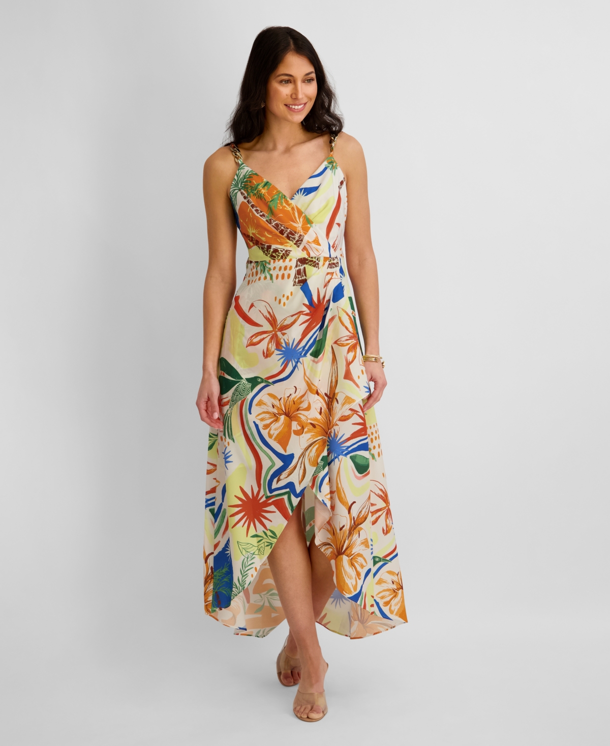 Siena Women’s Printed V-Neck High-Low Dress – White Multi